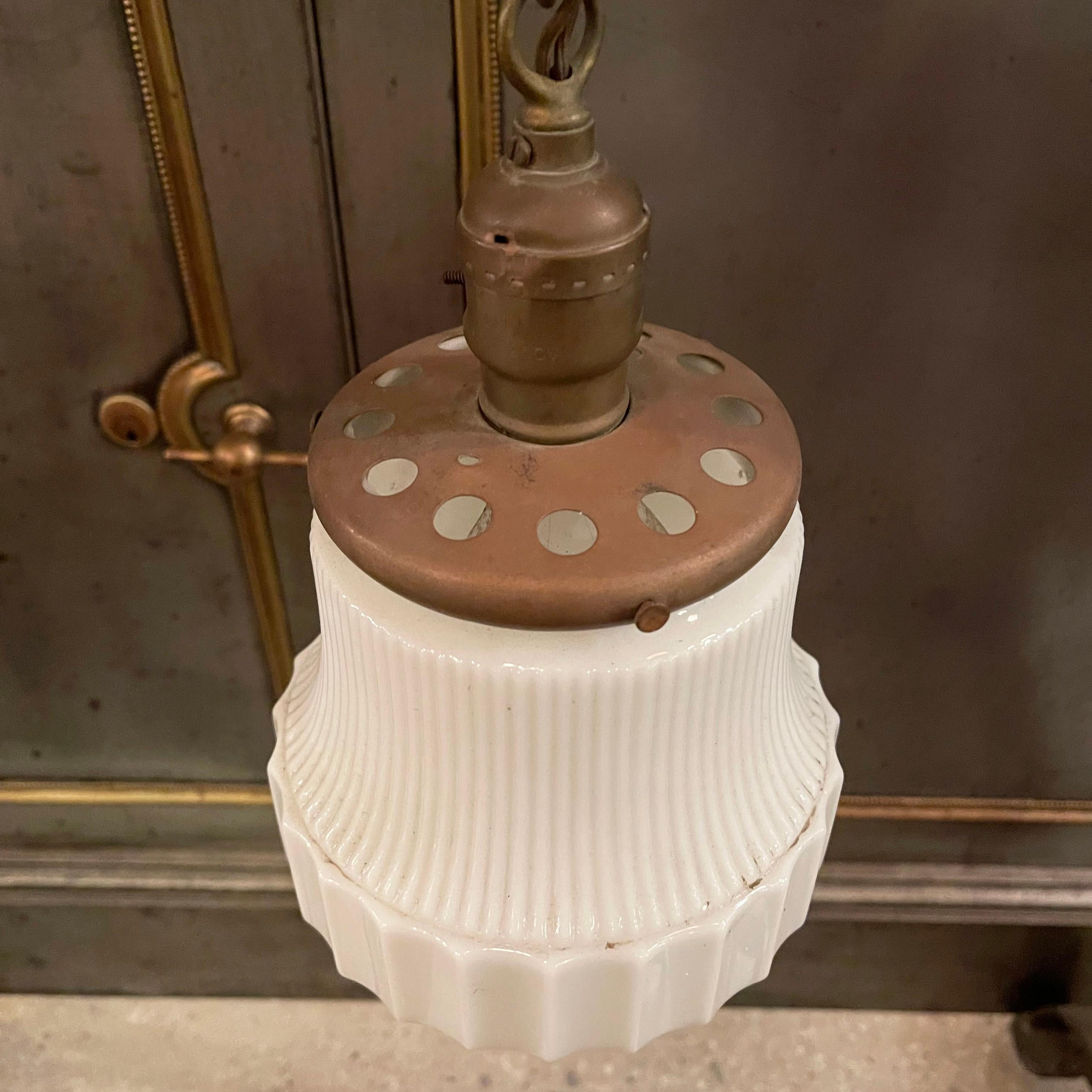 American Art Deco Milk Glass Semi Flushmount Pendant Light For Sale