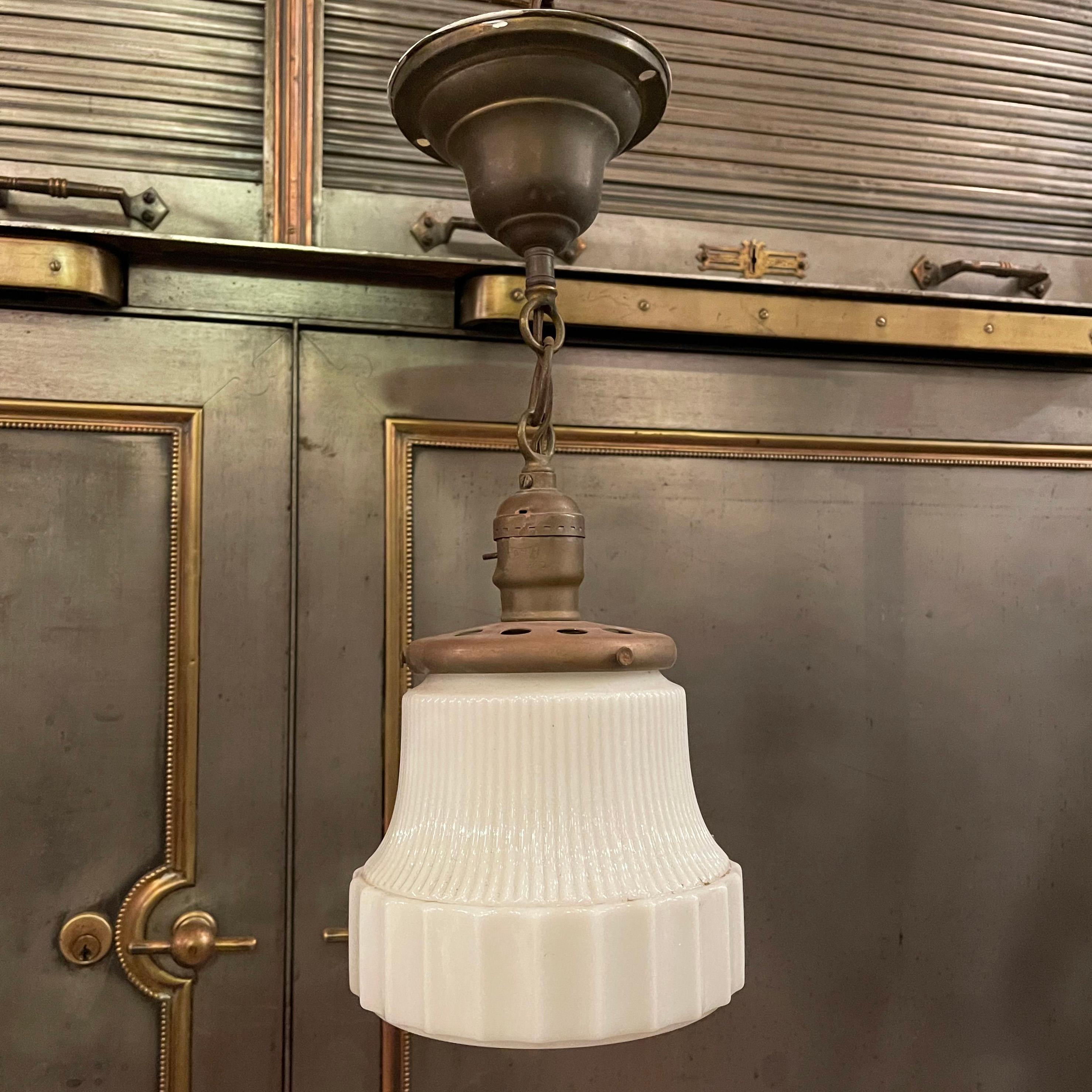 Art Deco Milk Glass Semi Flushmount Pendant Light In Good Condition For Sale In Brooklyn, NY