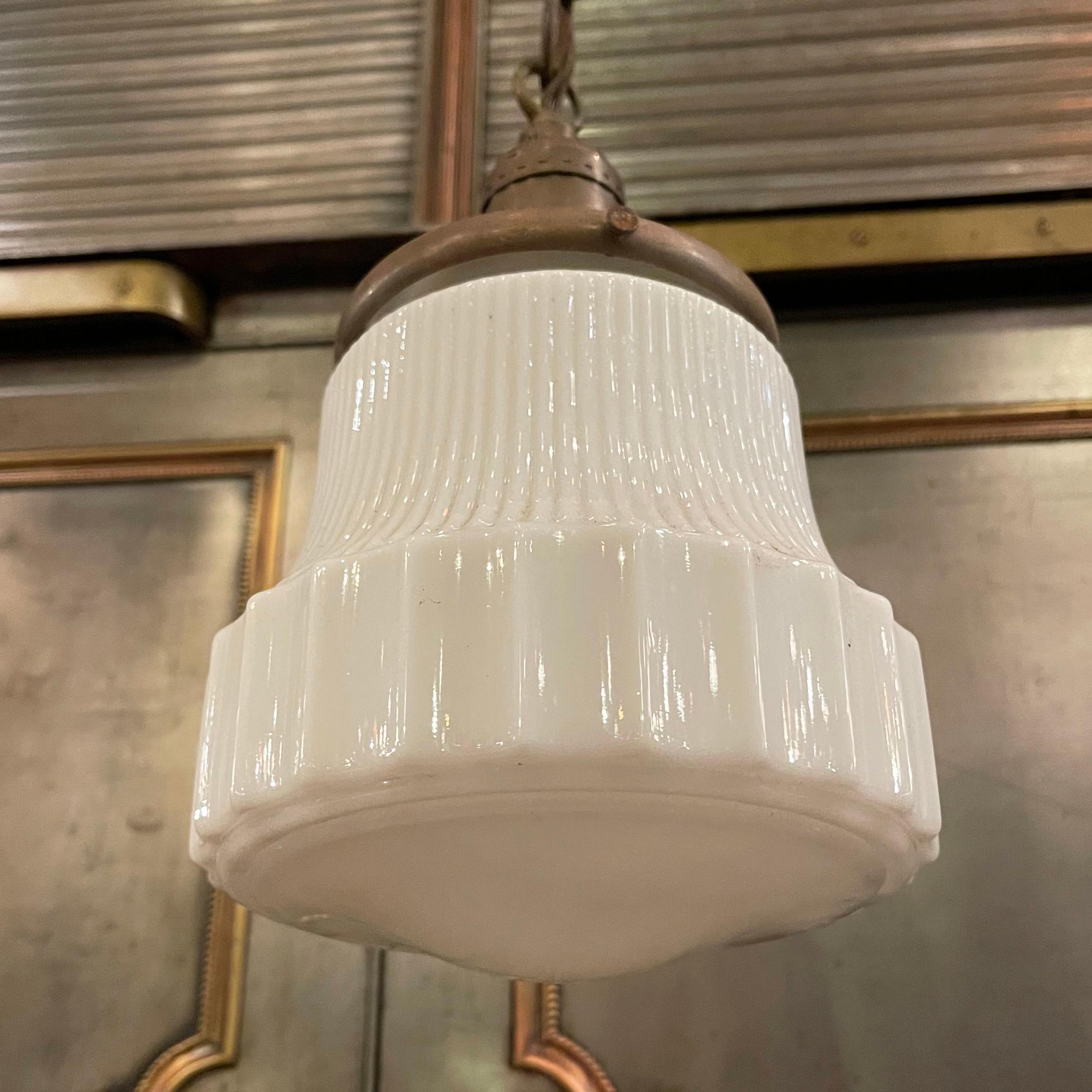 Brass Art Deco Milk Glass Semi Flushmount Pendant Light For Sale