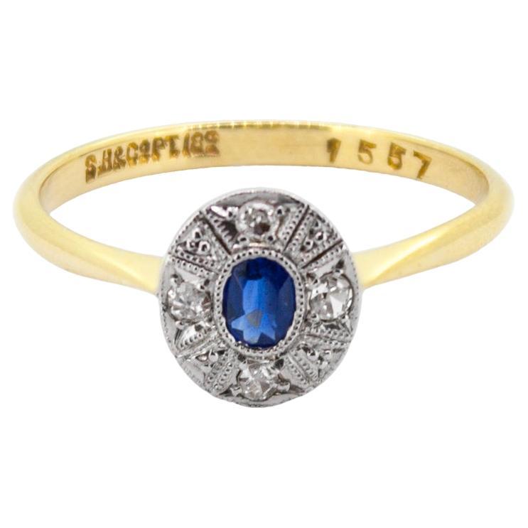 Art Deco Millgrain 18k Sapphire & Diamond Cluster Ring For Sale