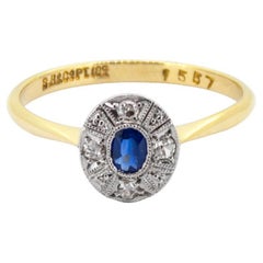 Vintage Art Deco Millgrain 18k Sapphire & Diamond Cluster Ring