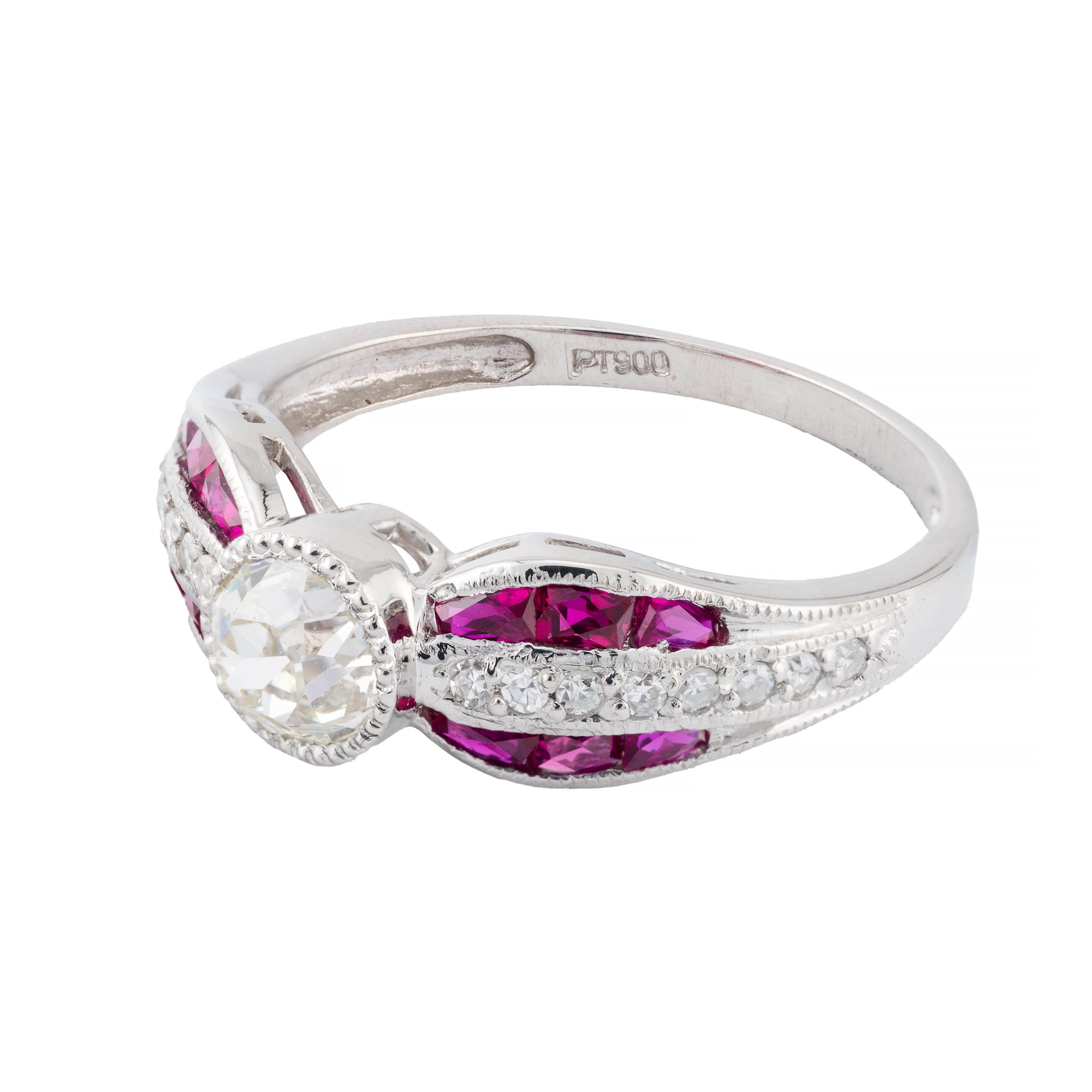 Old Mine Cut Art Deco Mine Cut Diamond & French Cut Ruby Bow Motif Engagement Ring Platinum For Sale