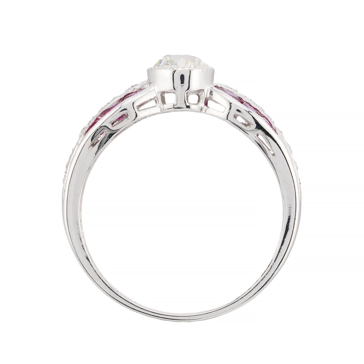 Women's Art Deco Mine Cut Diamond & French Cut Ruby Bow Motif Engagement Ring Platinum For Sale