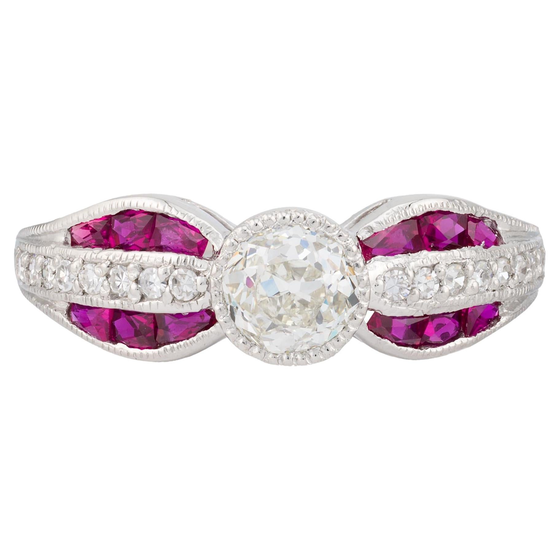 Art Deco Mine Cut Diamond & French Cut Ruby Bow Motif Engagement Ring Platinum For Sale