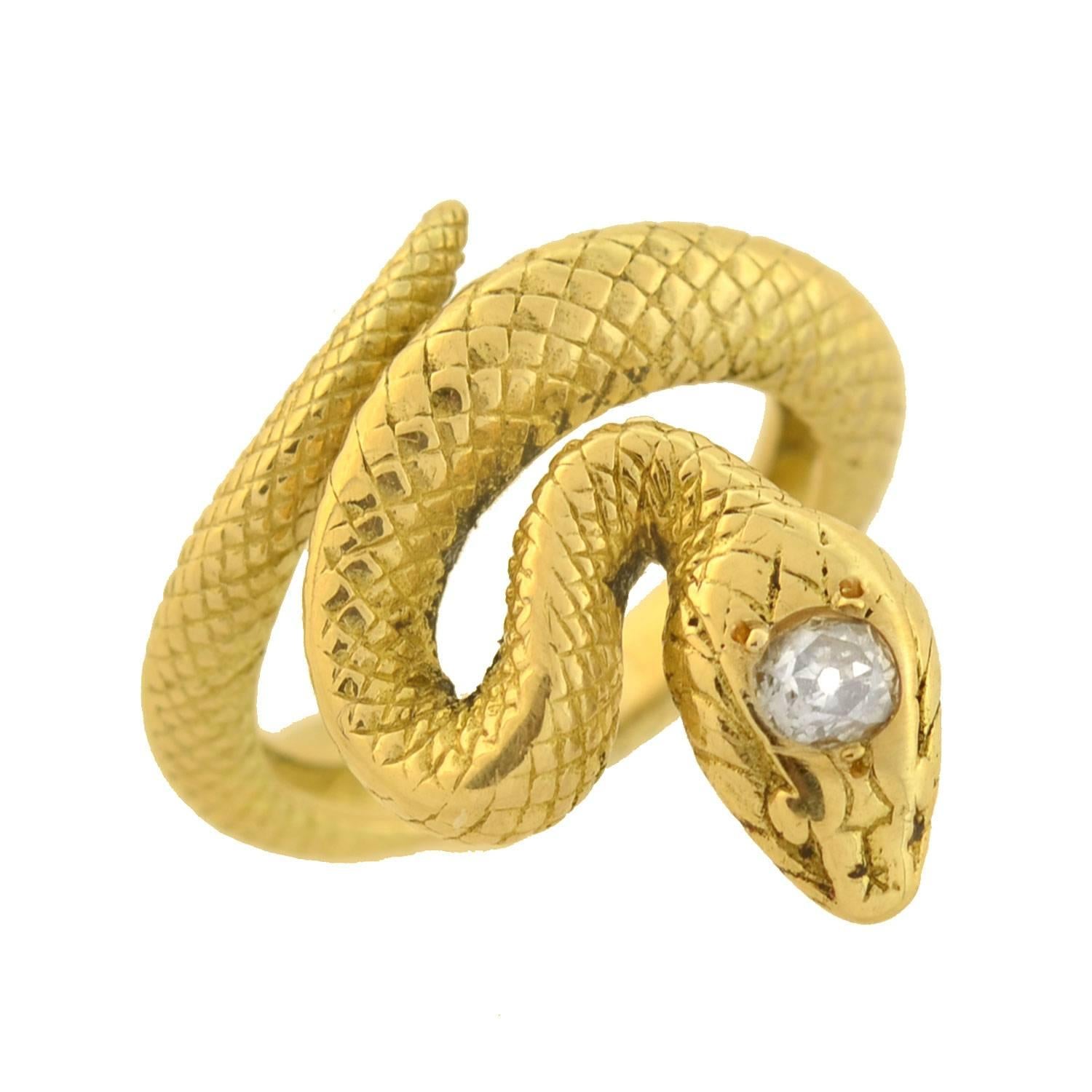 Art Deco Mine Cut Diamond Gold Snake Ring In Excellent Condition In Narberth, PA