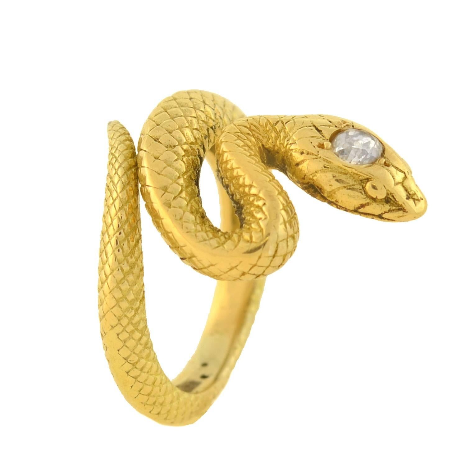 Women's Art Deco Mine Cut Diamond Gold Snake Ring