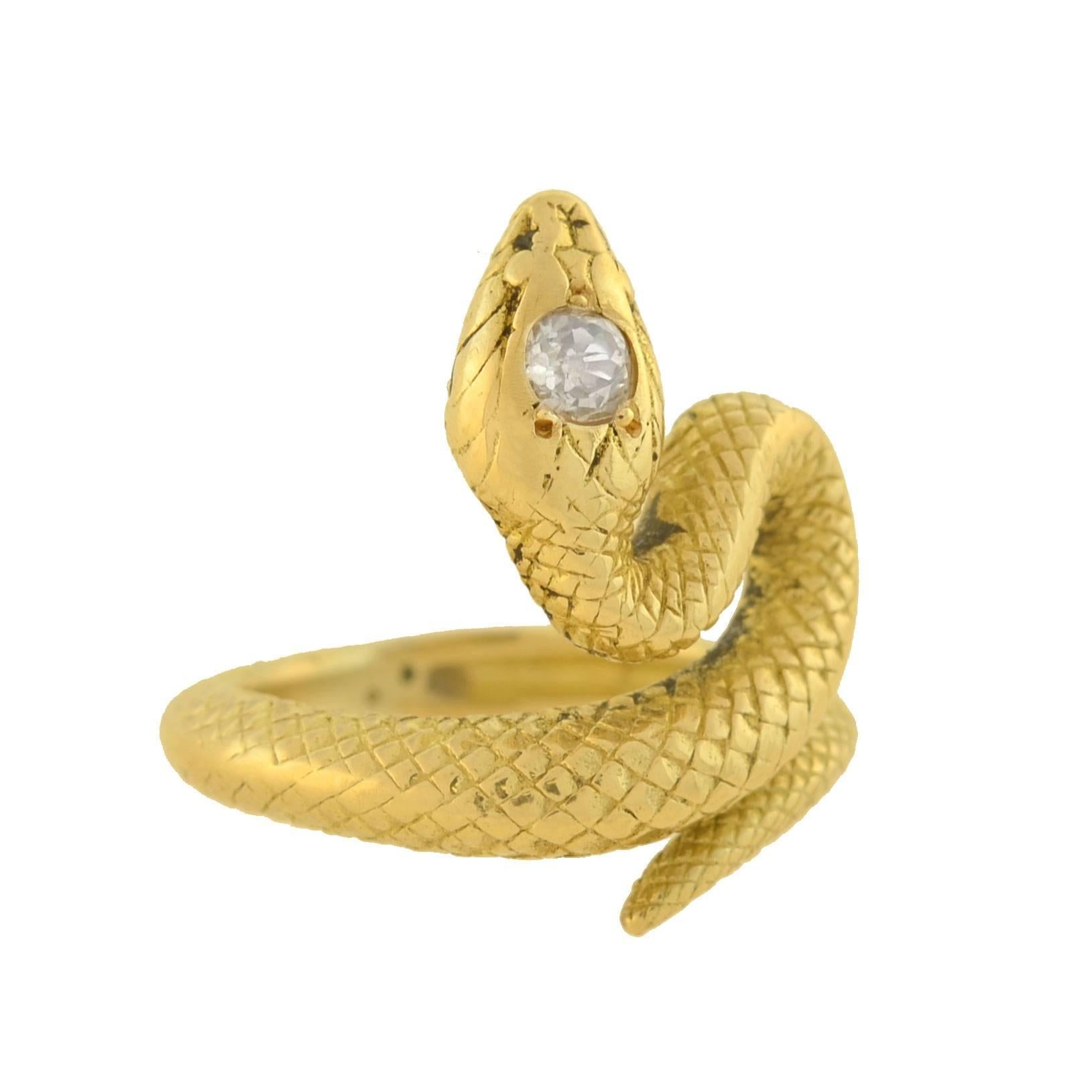 Art Deco Mine Cut Diamond Gold Snake Ring