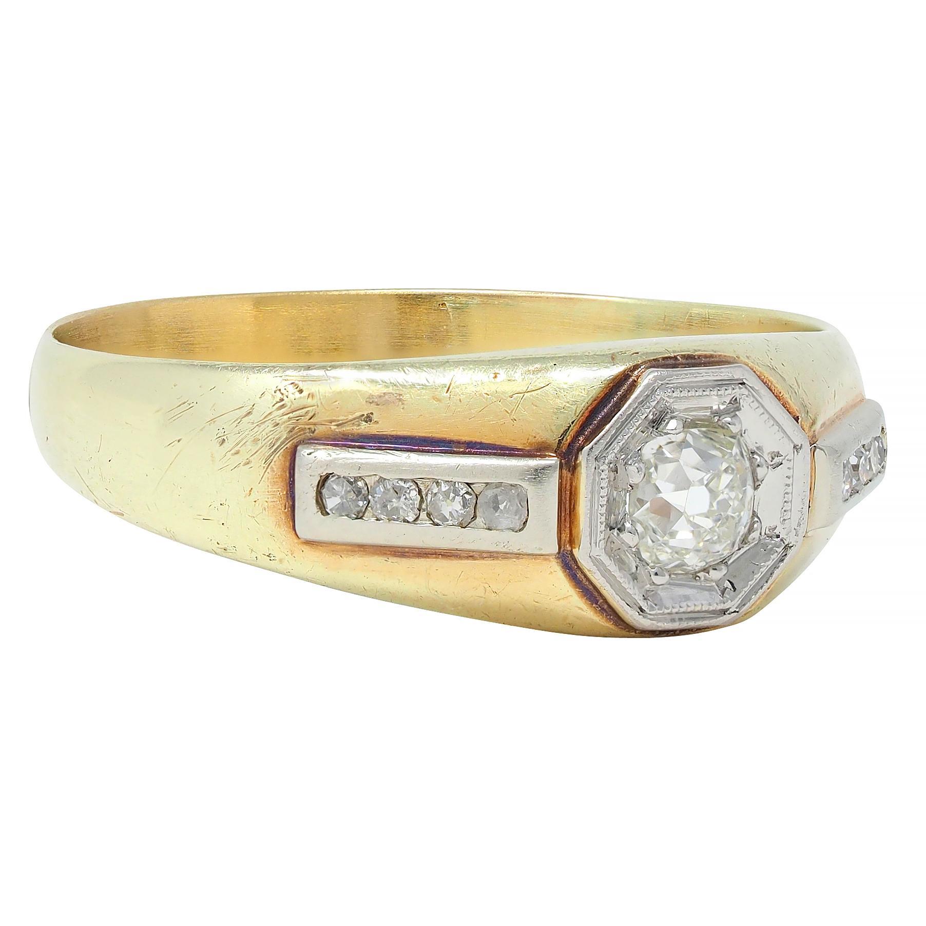 Taille vieille mine Bague unisexe Art déco en platine et or jaune 15 carats avec diamants taille mine en vente