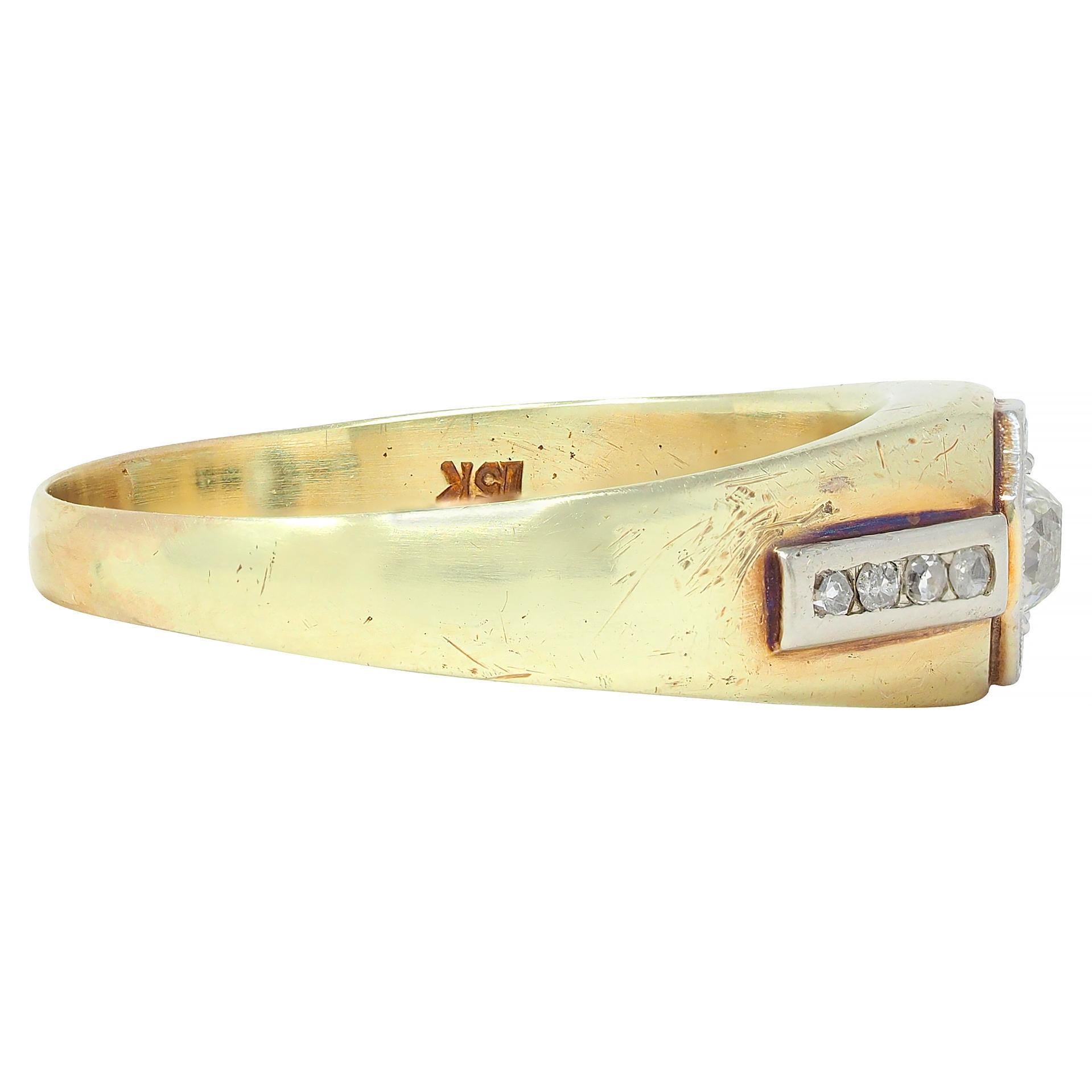 Bague unisexe Art déco en platine et or jaune 15 carats avec diamants taille mine Excellent état - En vente à Philadelphia, PA