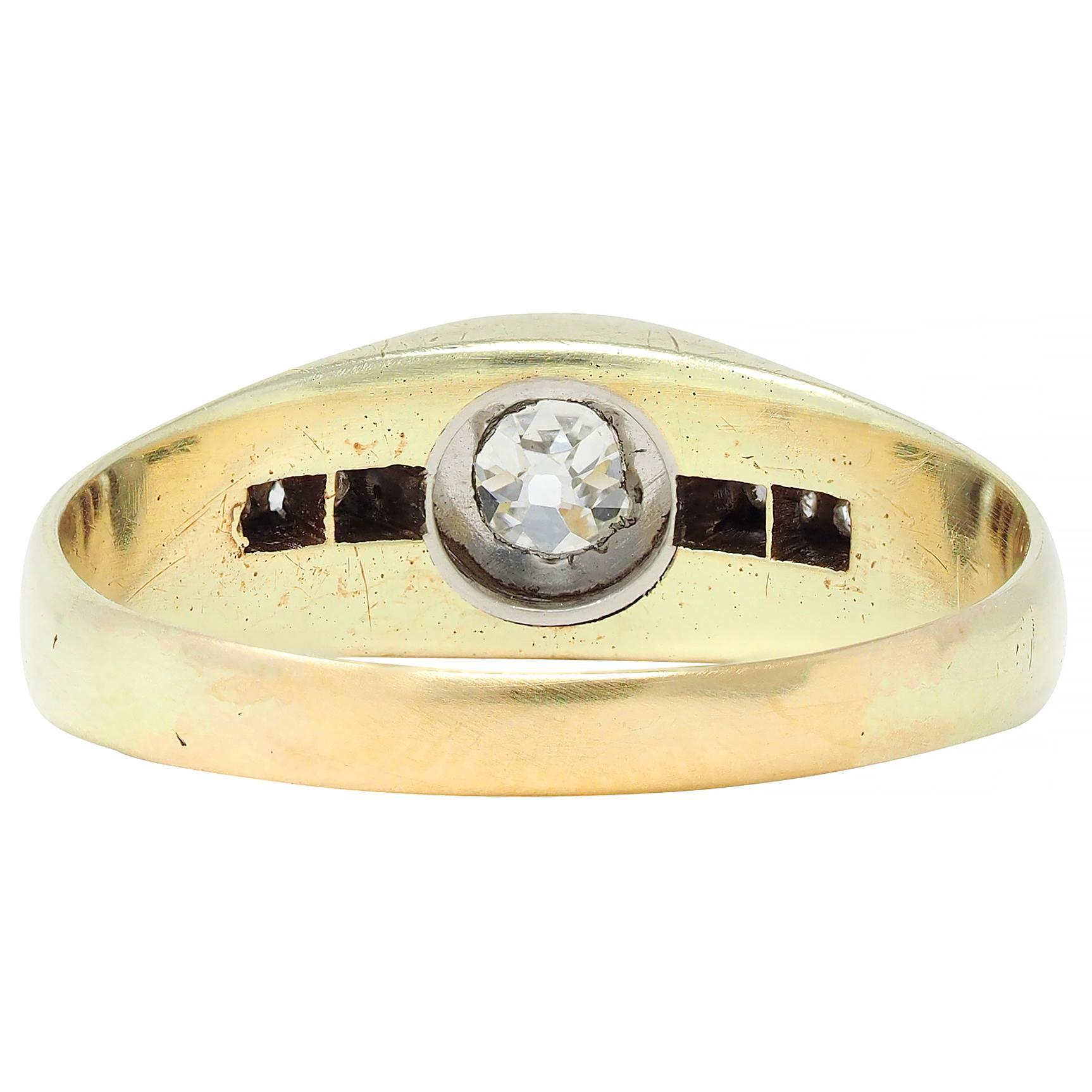 Bague unisexe Art déco en platine et or jaune 15 carats avec diamants taille mine Unisexe en vente