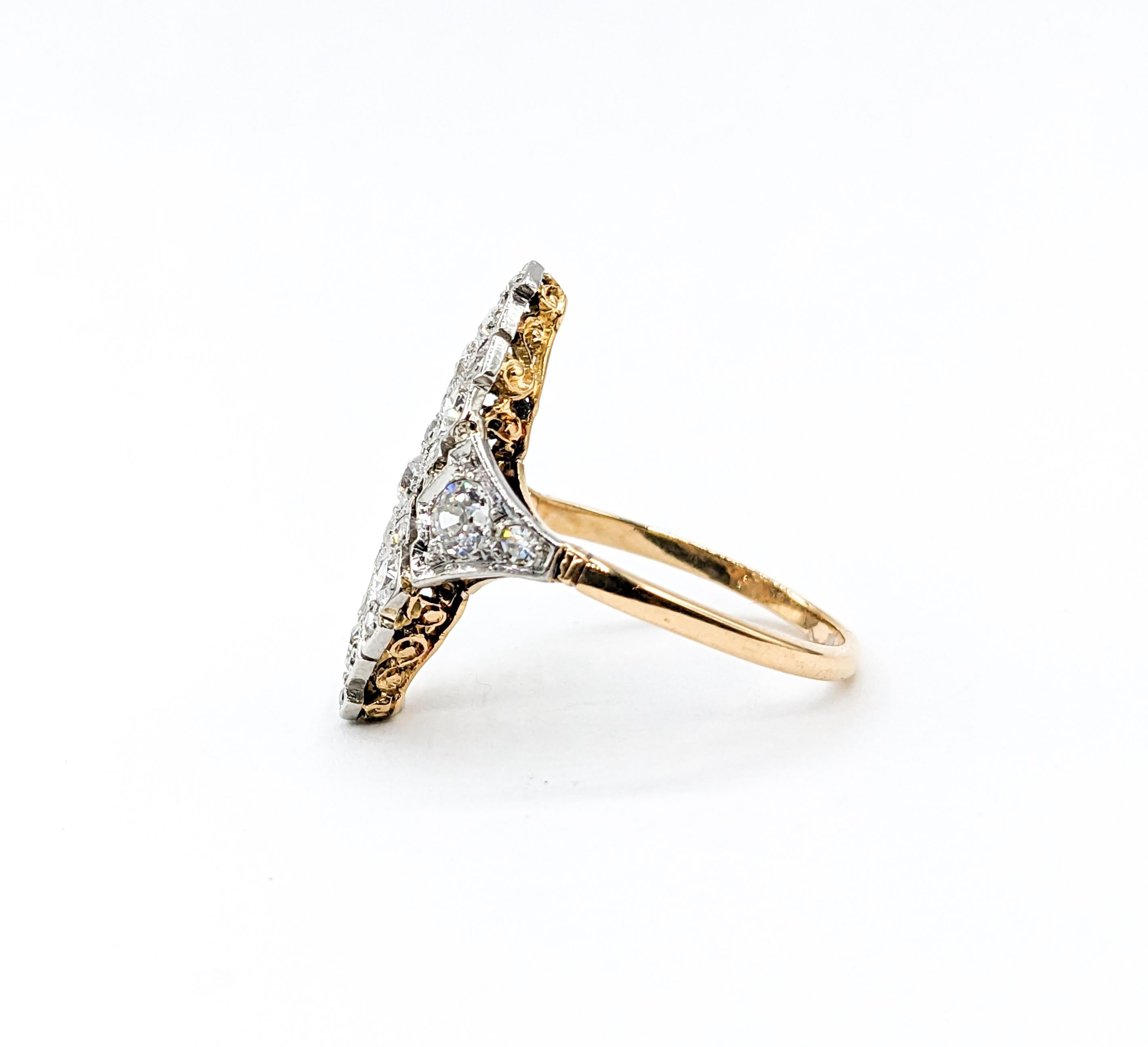 Art Deco Mine Cut Diamond Ring 18kt Two-Tone Gold For Sale 6