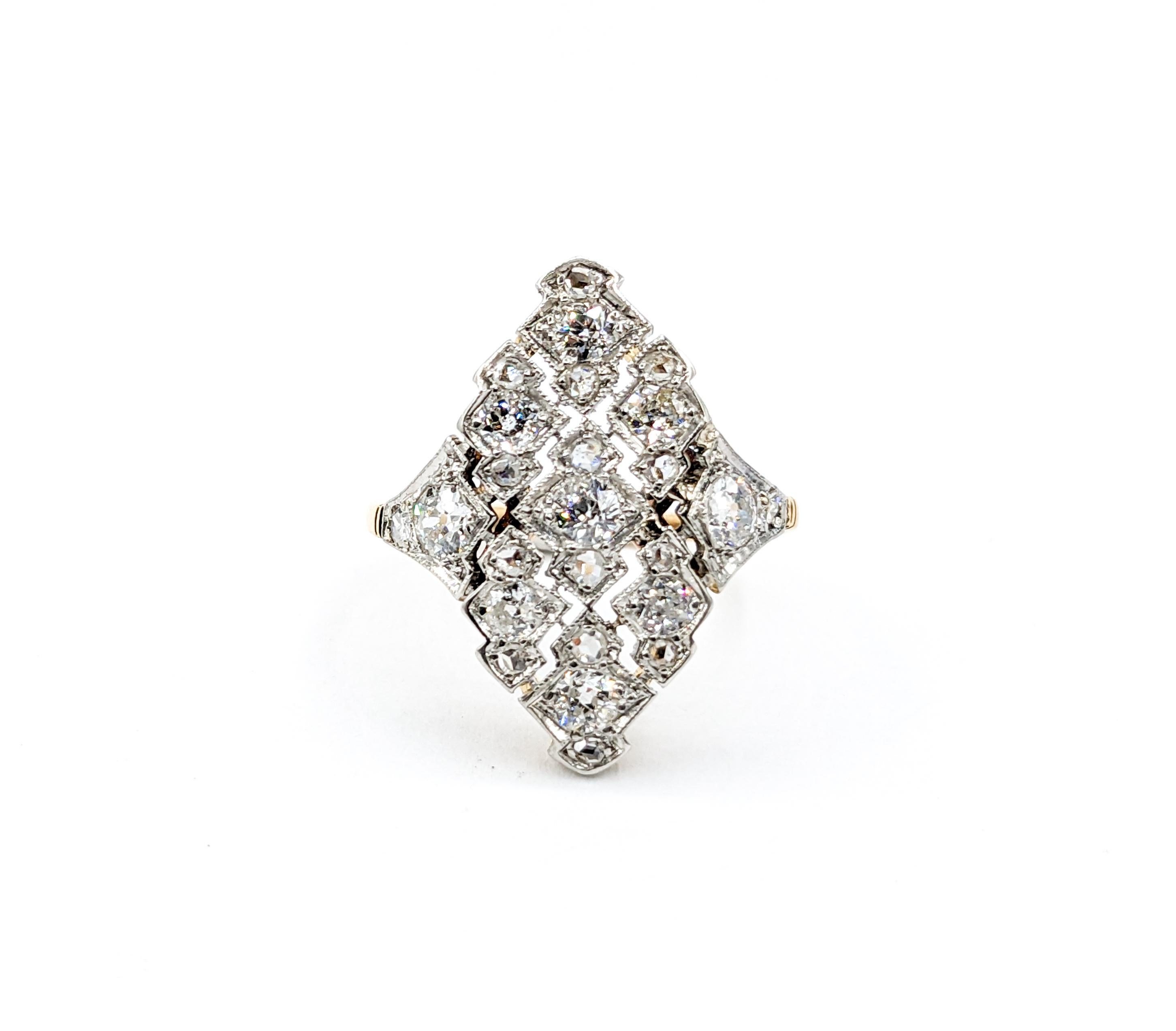 Art Deco Mine Cut Diamond Ring 18kt Two-Tone Gold 7