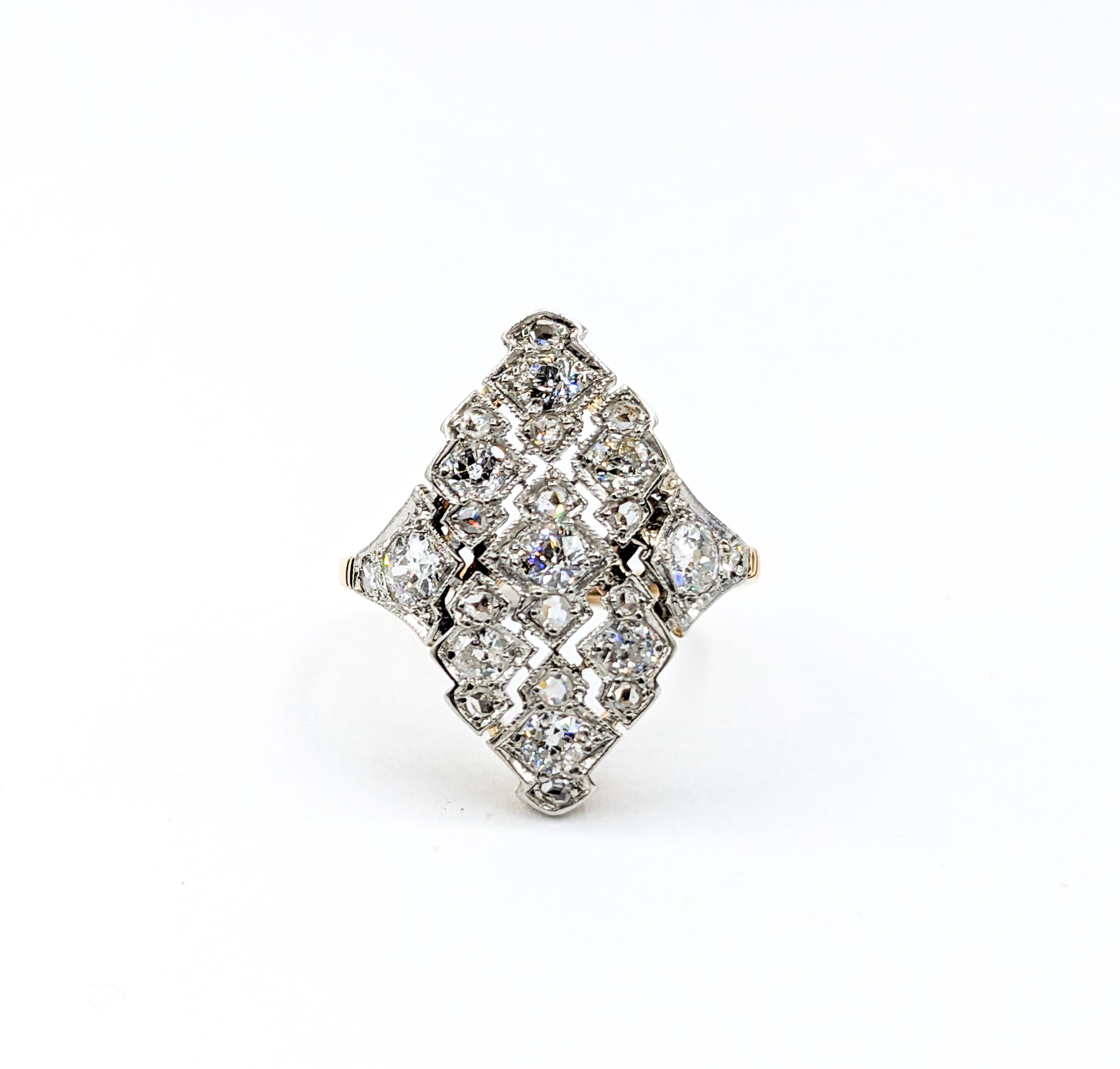 Art Deco Mine Cut Diamond Ring 18kt Two-Tone Gold 8