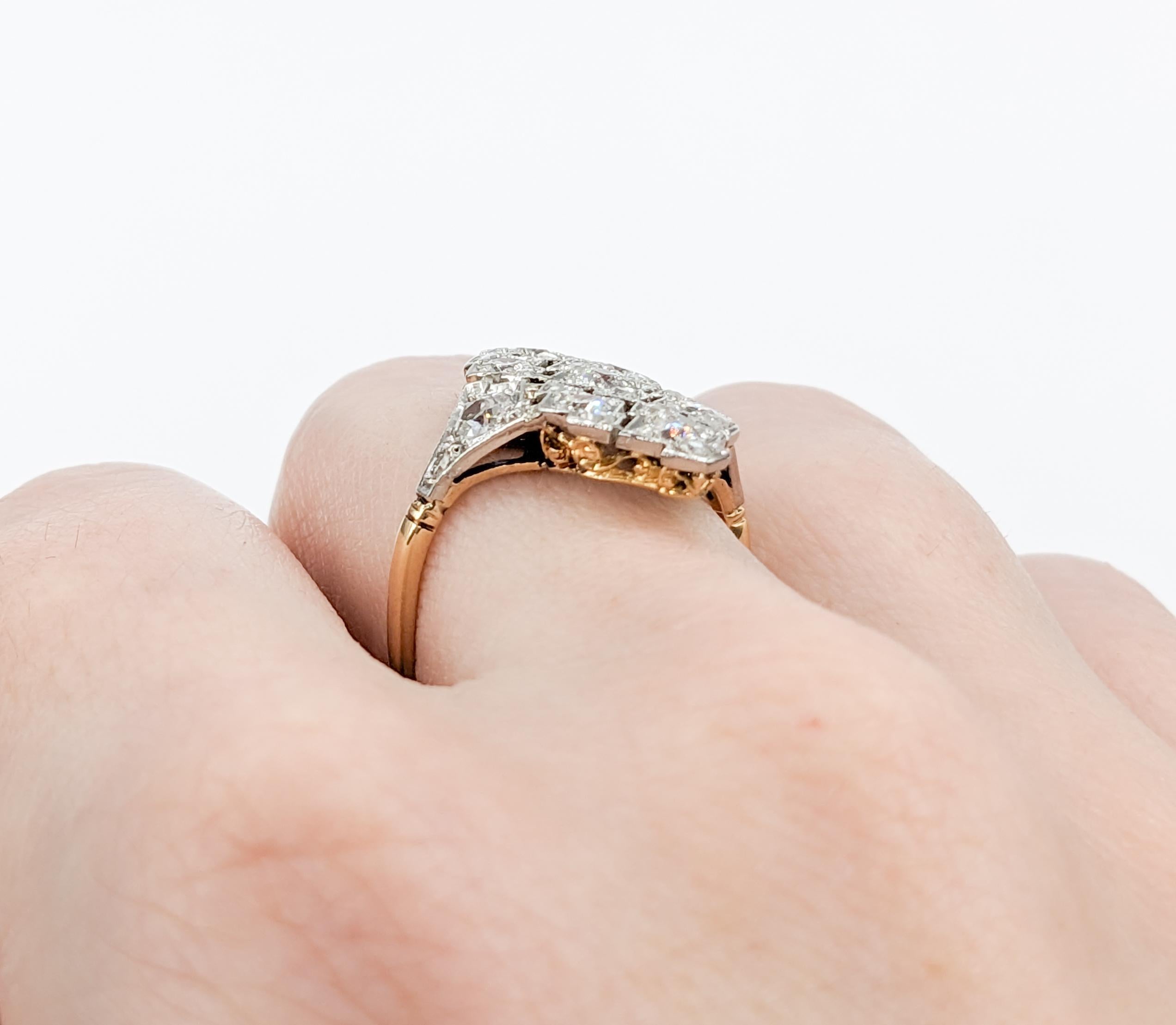 Women's Art Deco Mine Cut Diamond Ring 18kt Two-Tone Gold For Sale