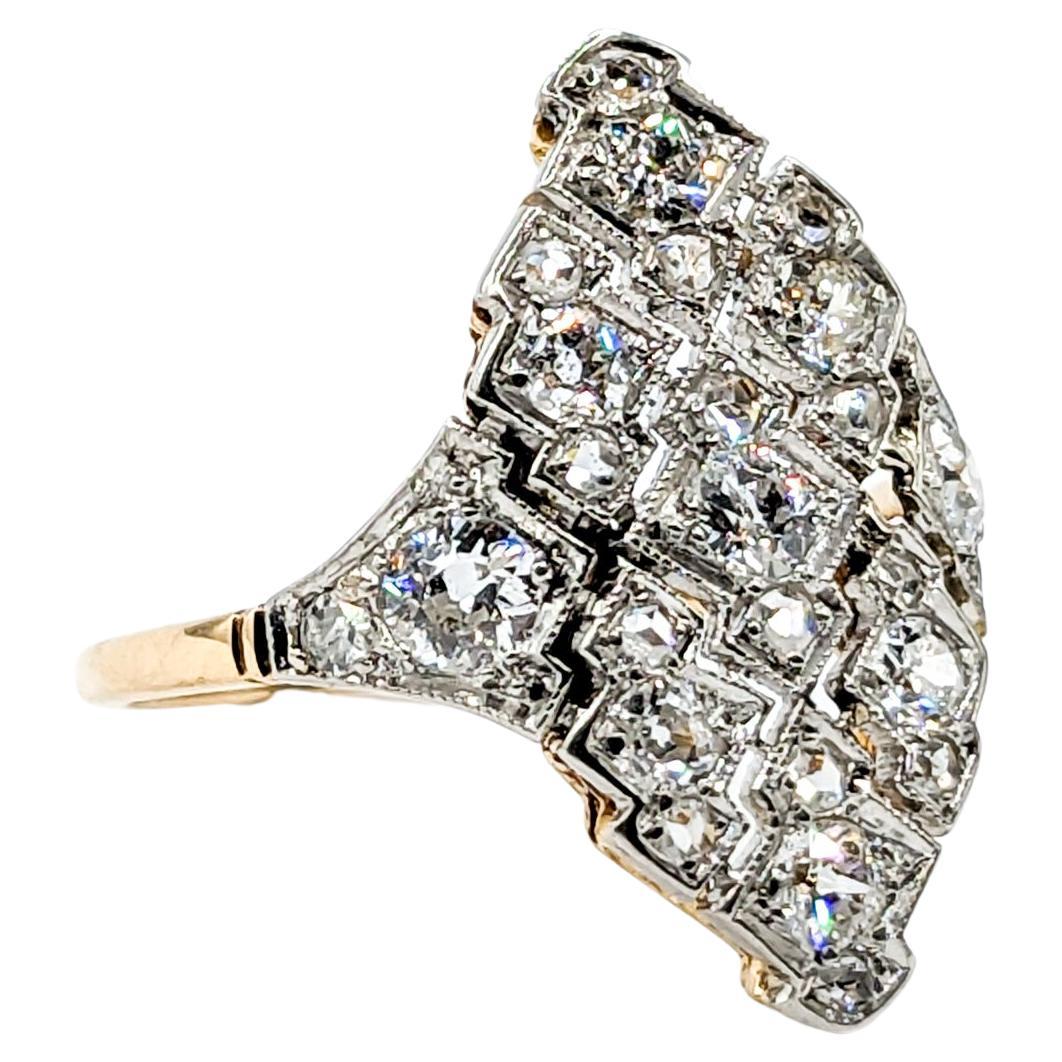 Art Deco Mine Cut Diamond Ring 18kt Two-Tone Gold For Sale