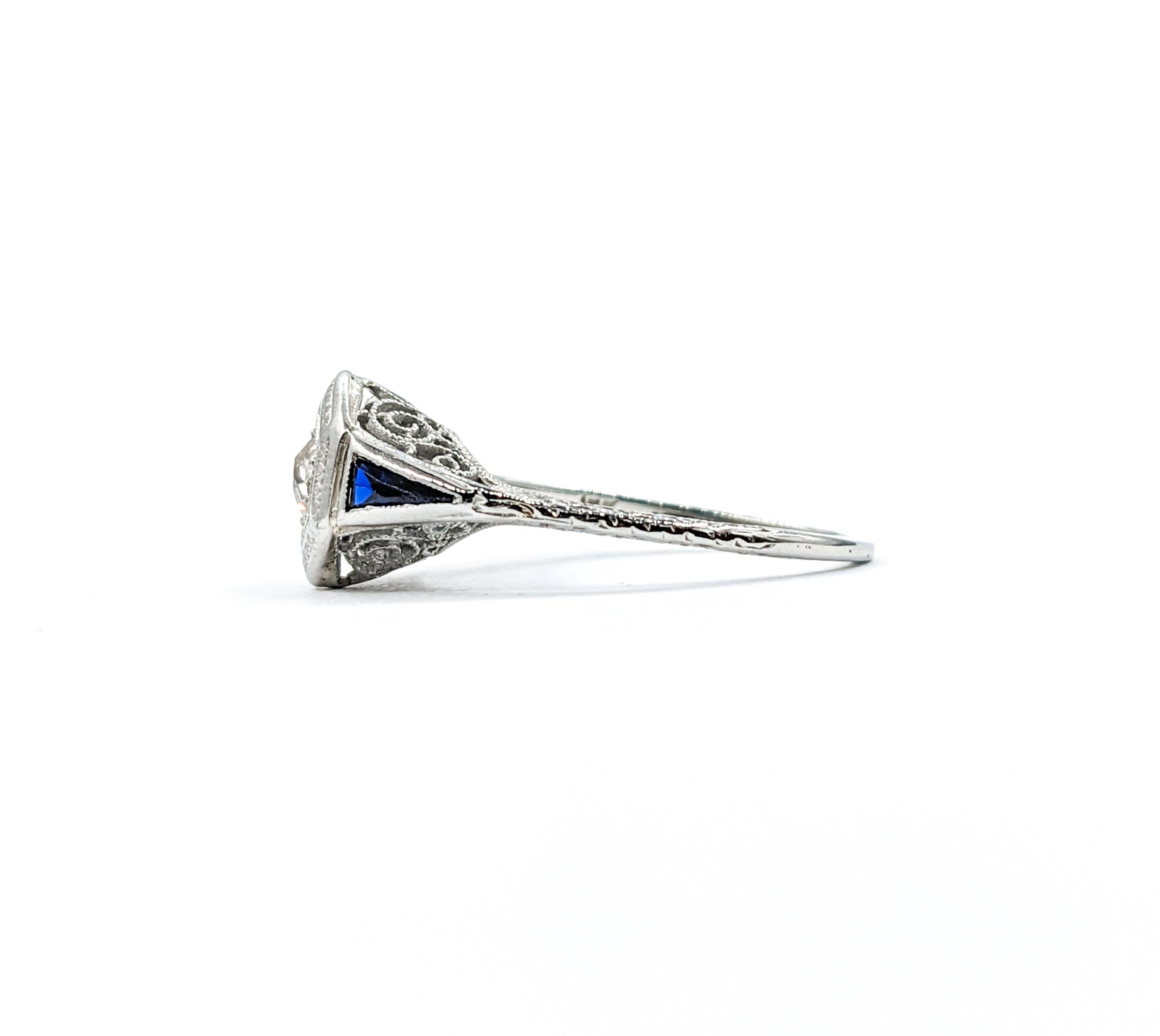 Art Deco Mine Cut Diamond & Sapphire Ring in 18k White Gold For Sale 4