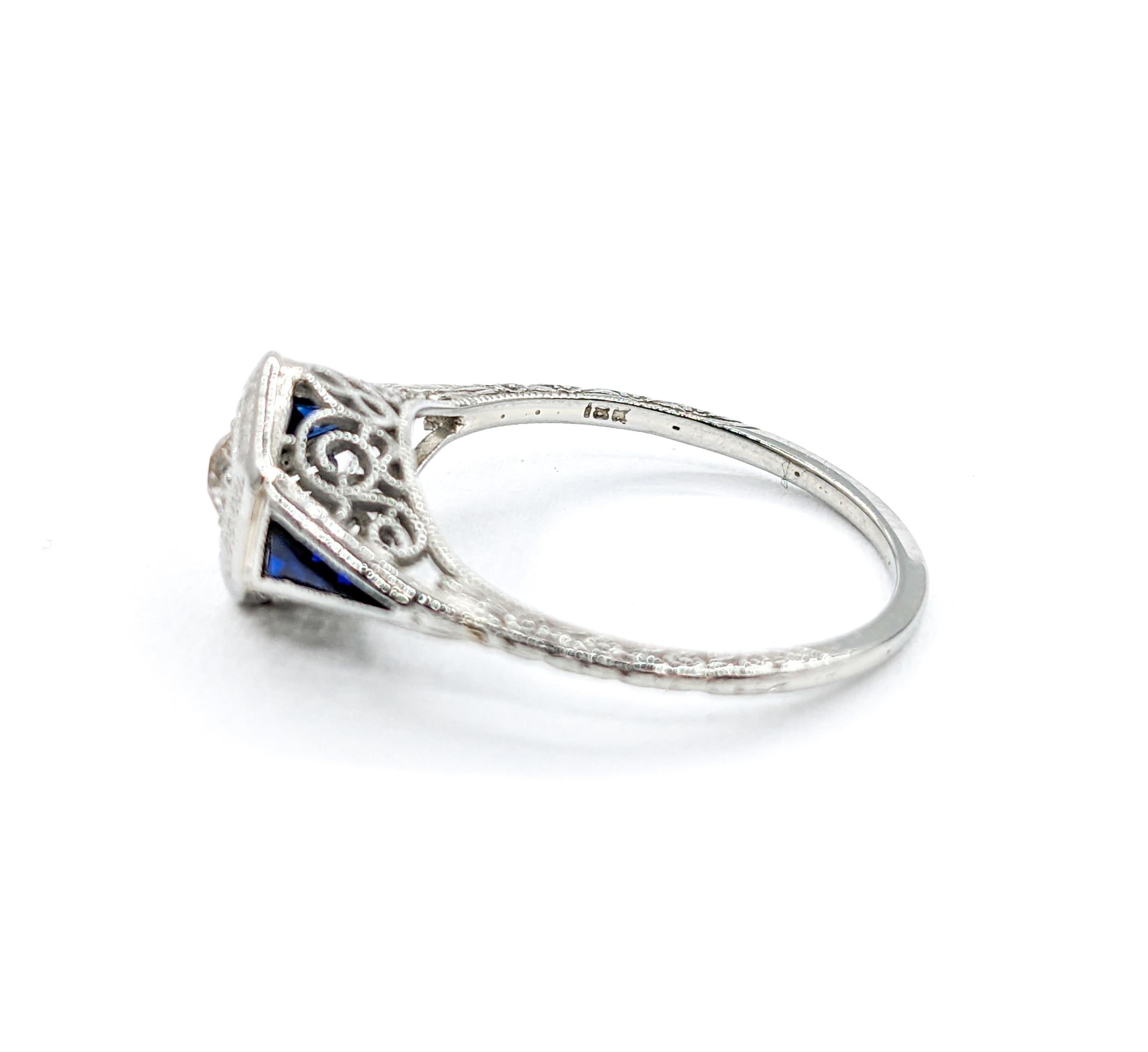 Art Deco Mine Cut Diamond & Sapphire Ring in 18k White Gold For Sale 5