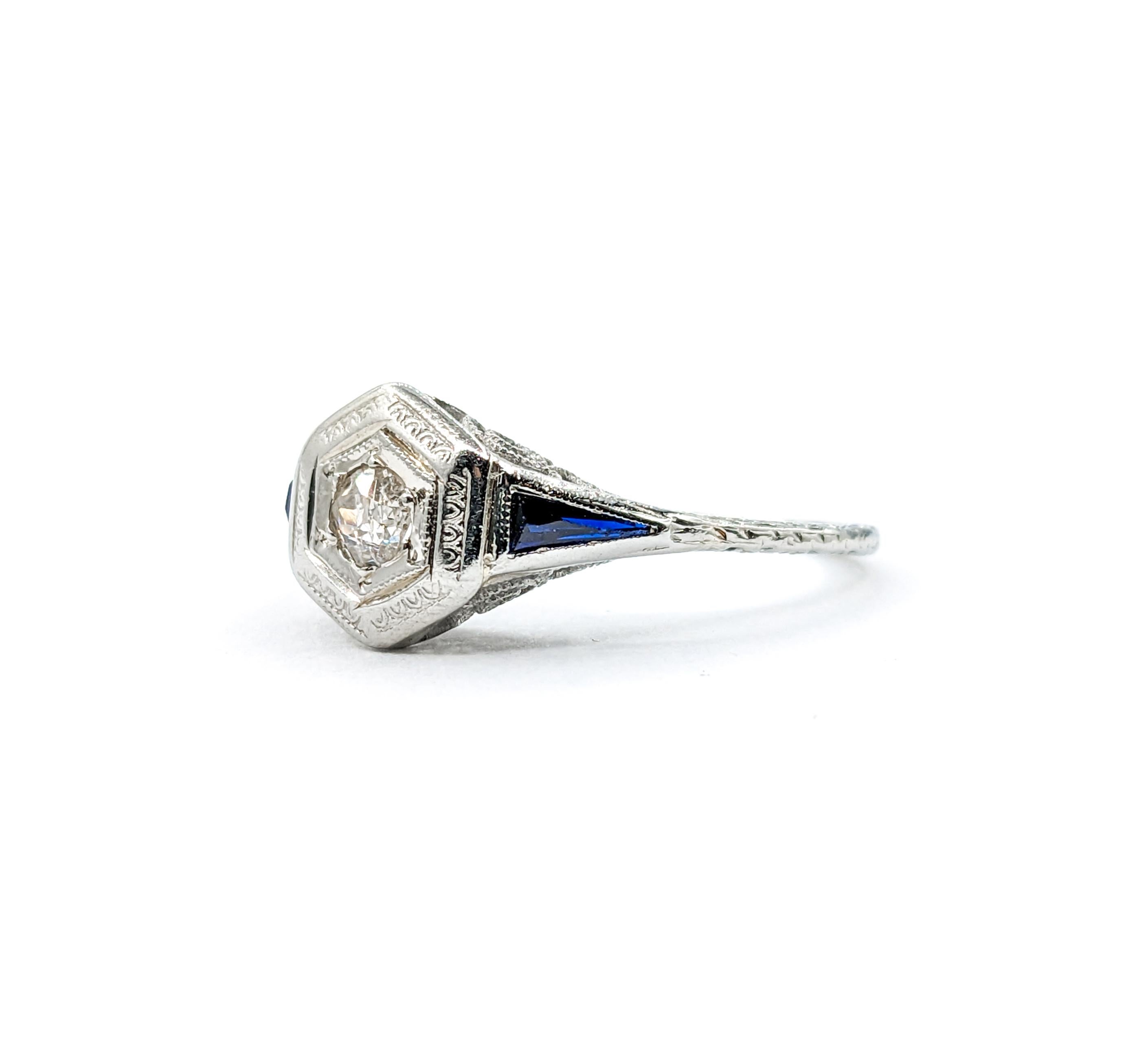 Art Deco Mine Cut Diamond & Sapphire Ring in 18k White Gold For Sale 6