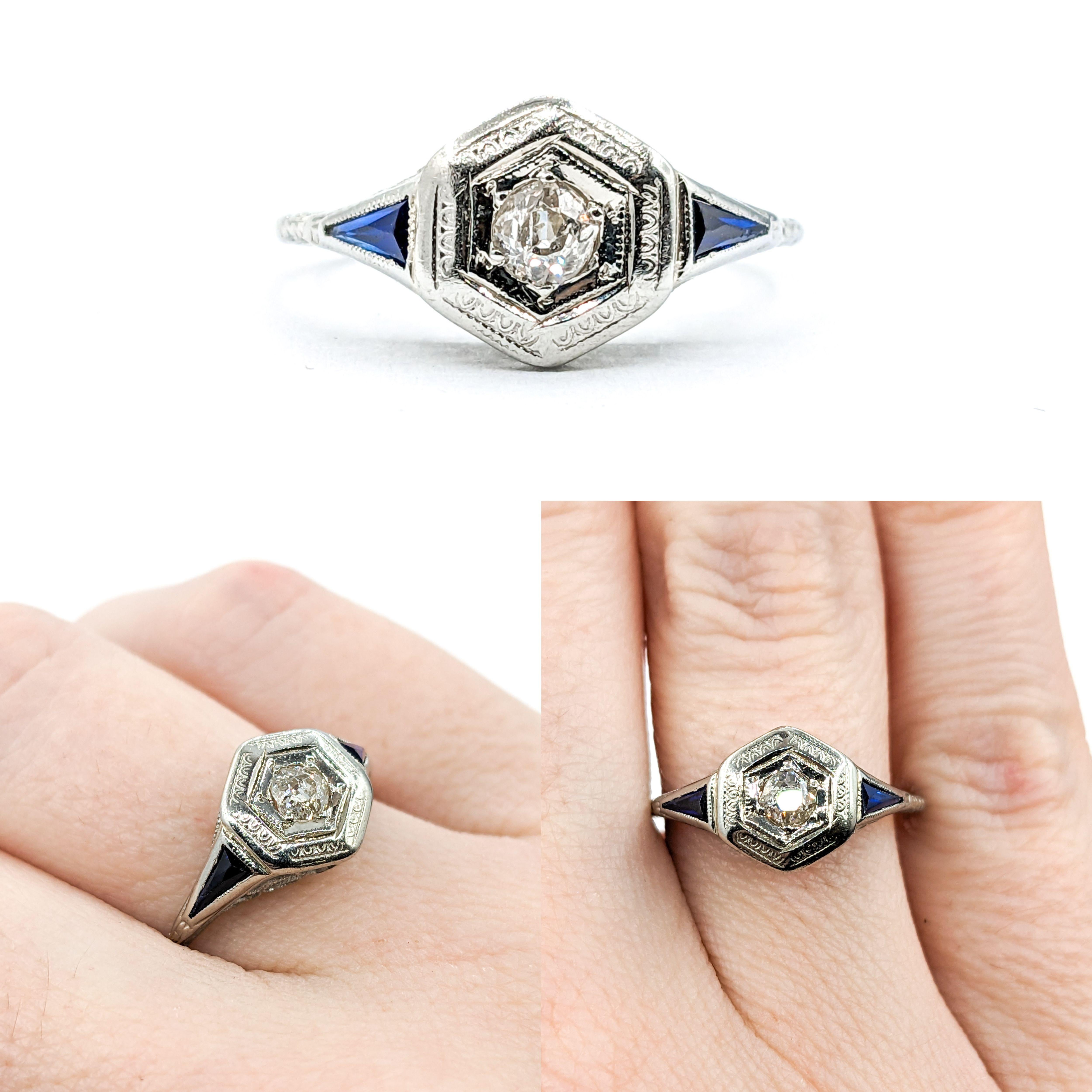 Modern Art Deco Mine Cut Diamond & Sapphire Ring in 18k White Gold For Sale