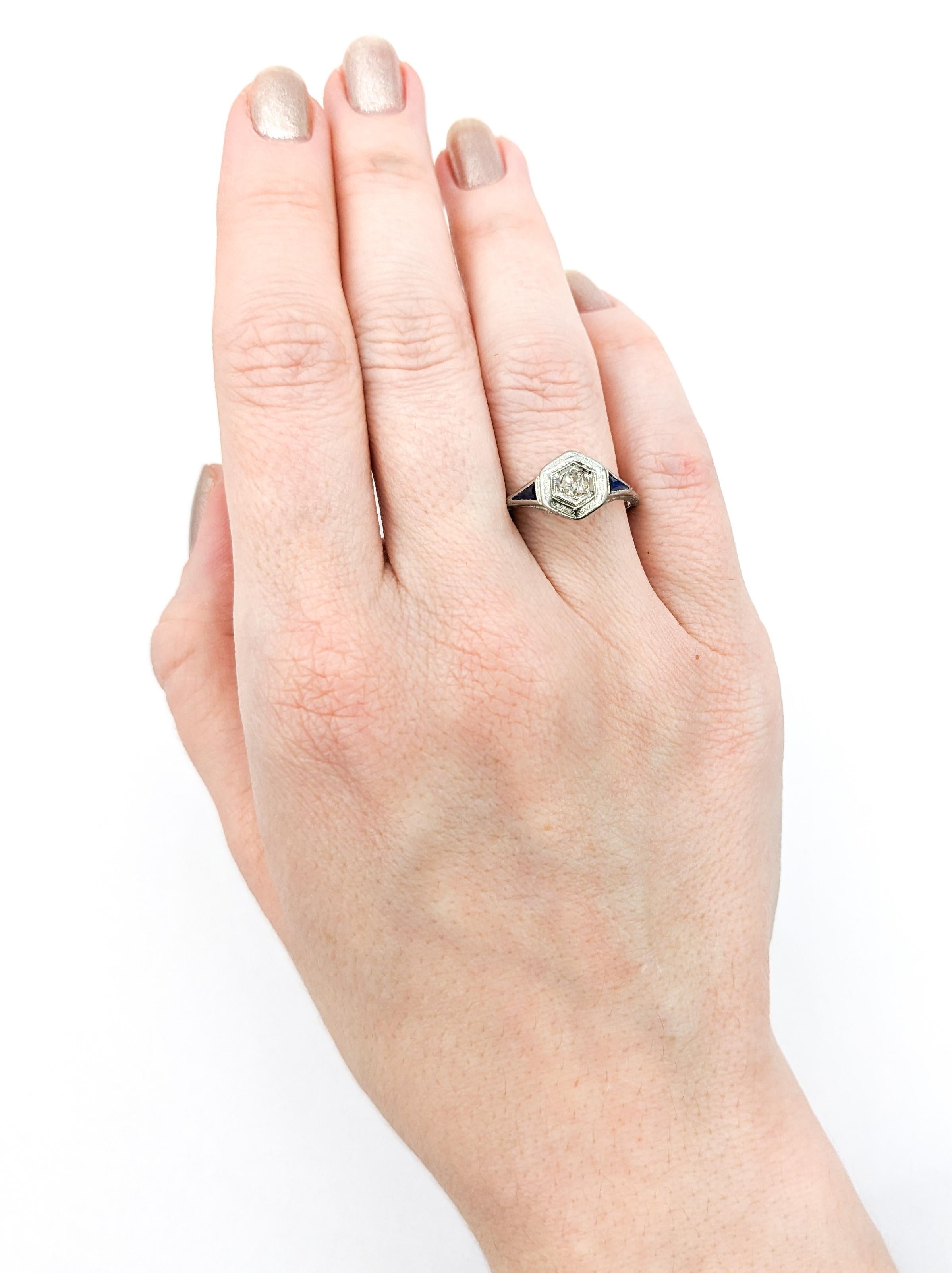Old Mine Cut Art Deco Mine Cut Diamond & Sapphire Ring in 18k White Gold For Sale