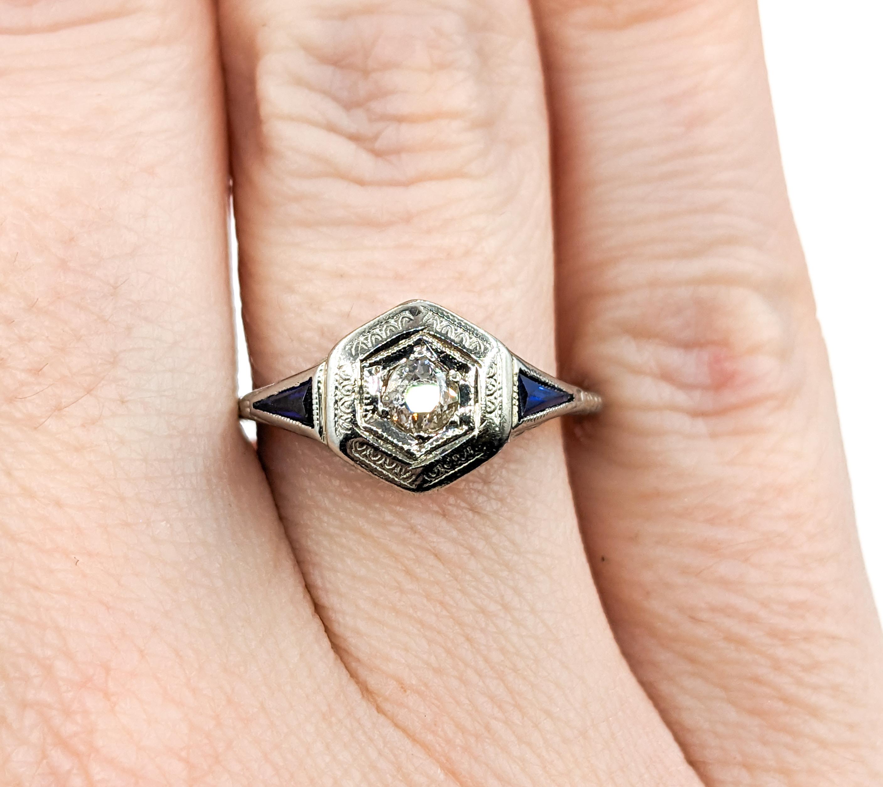 Women's Art Deco Mine Cut Diamond & Sapphire Ring in 18k White Gold For Sale