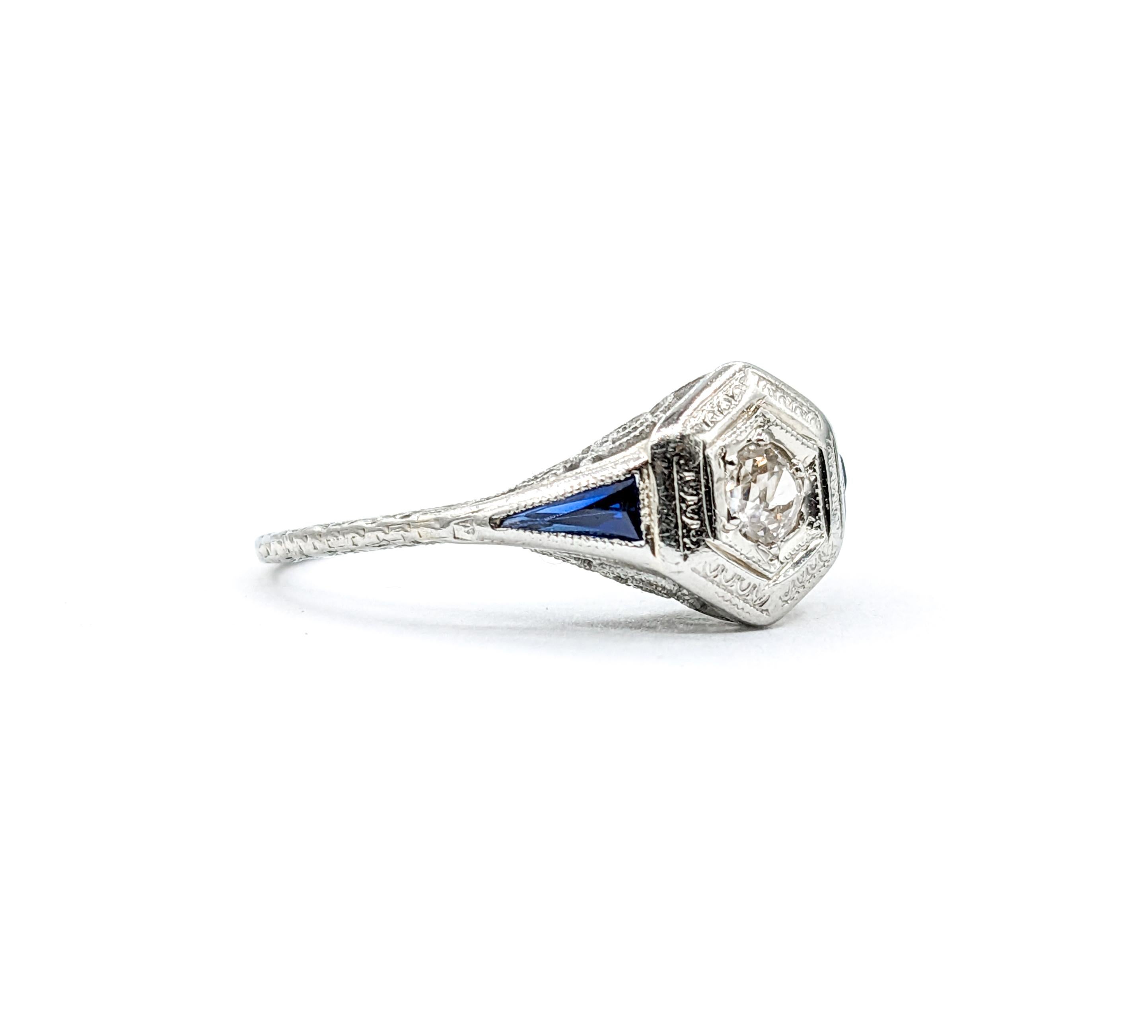 Art Deco Mine Cut Diamond & Sapphire Ring in 18k White Gold For Sale 2