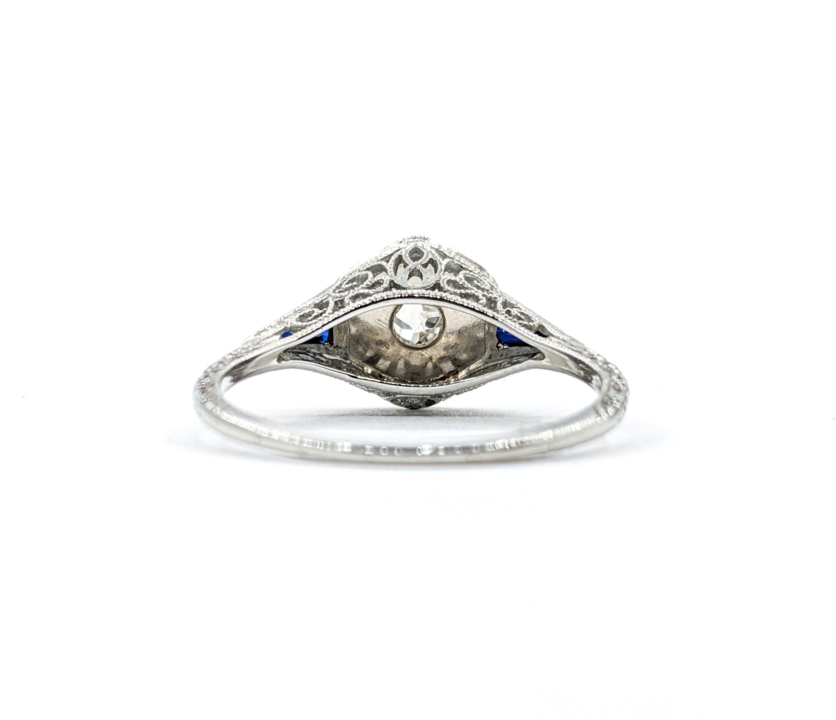 Art Deco Mine Cut Diamond & Sapphire Ring in 18k White Gold For Sale 3