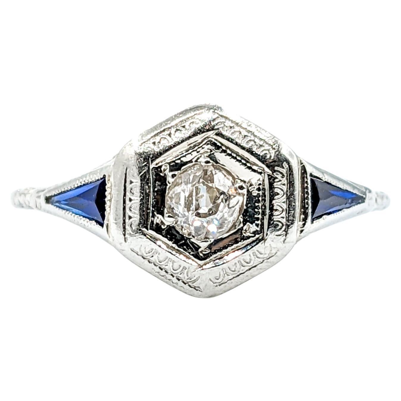 Art Deco Mine Cut Diamond & Sapphire Ring in 18k White Gold For Sale