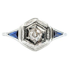 Art Deco Mine Cut Diamond & Sapphire Ring in 18k White Gold