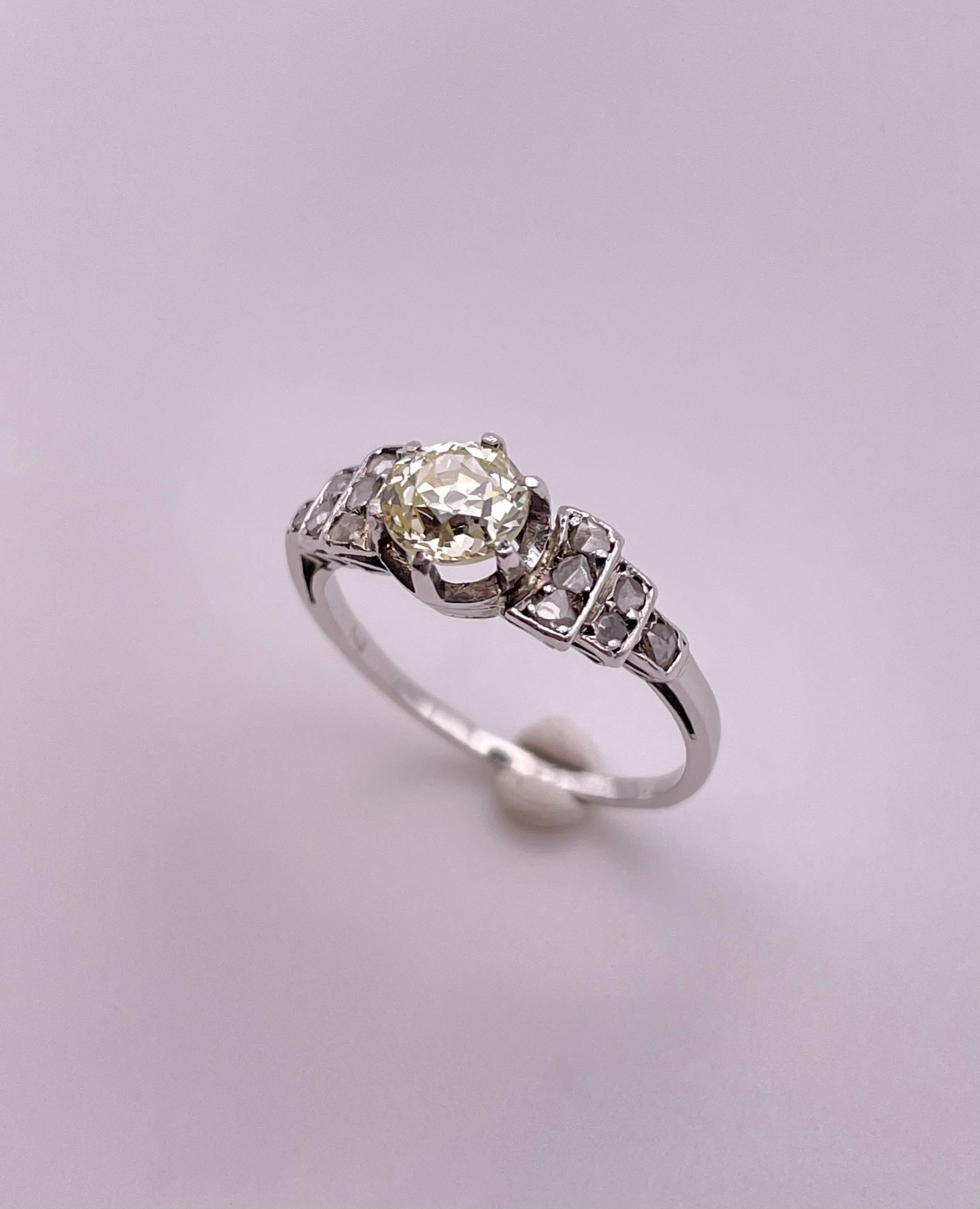 Art Deco Minen-Diamant-Weißgoldring Solitär Damen im Angebot