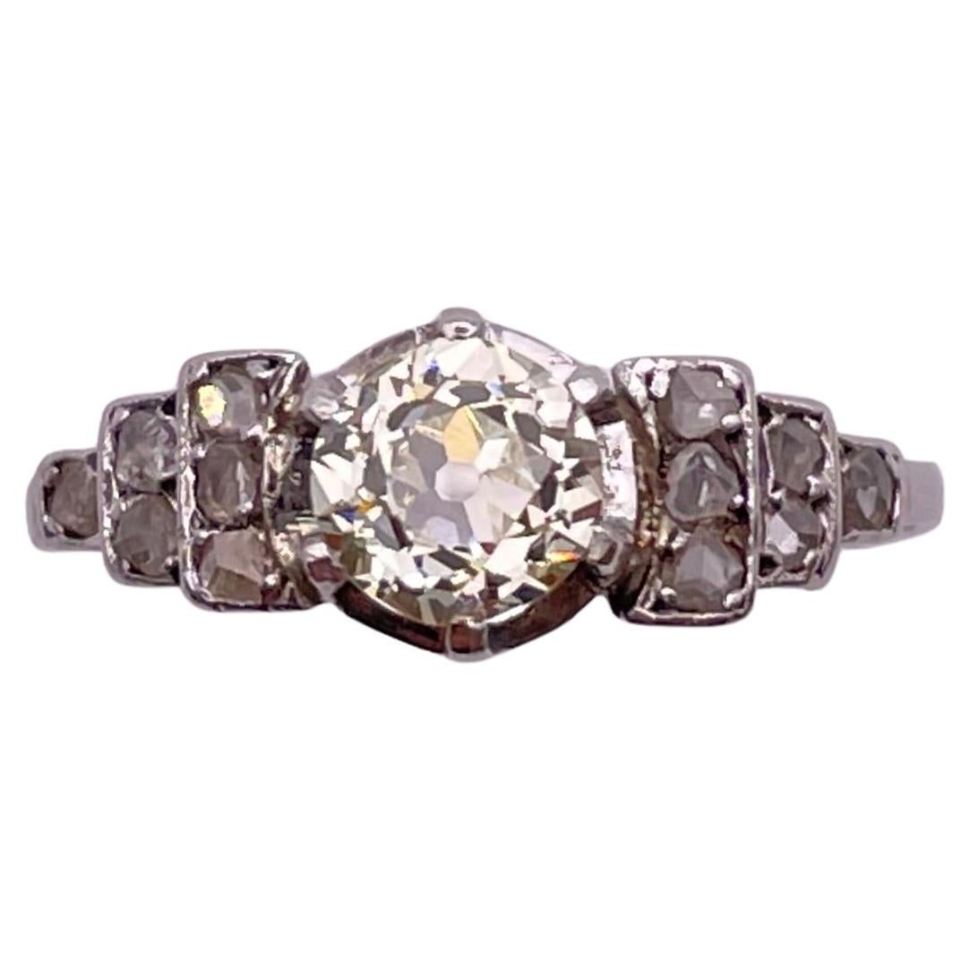 Art Deco Mine Diamond White Gold Ring Solitaire For Sale