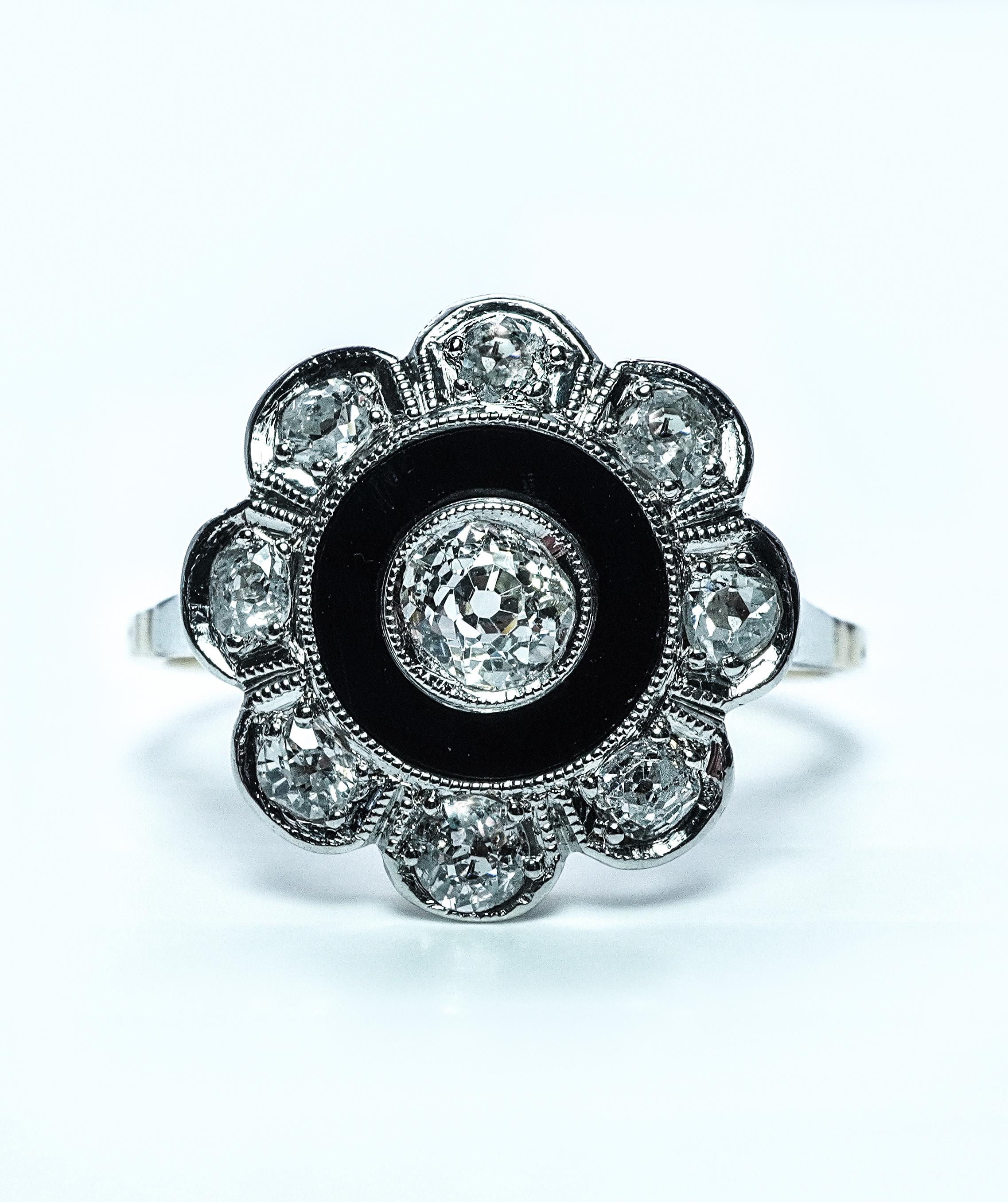 Old Mine Cut ART DECO Miner Mine cut Diamond 18K White Gold Platinum Ring Estate Antique For Sale