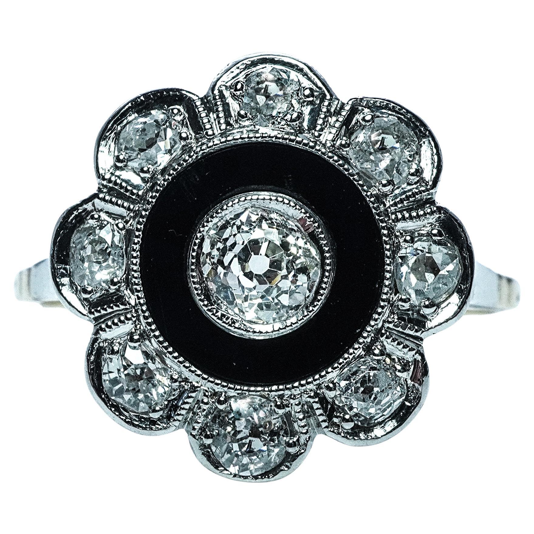 ART DECO Miner Mine cut Diamond 18K White Gold Platinum Ring Estate Antique
