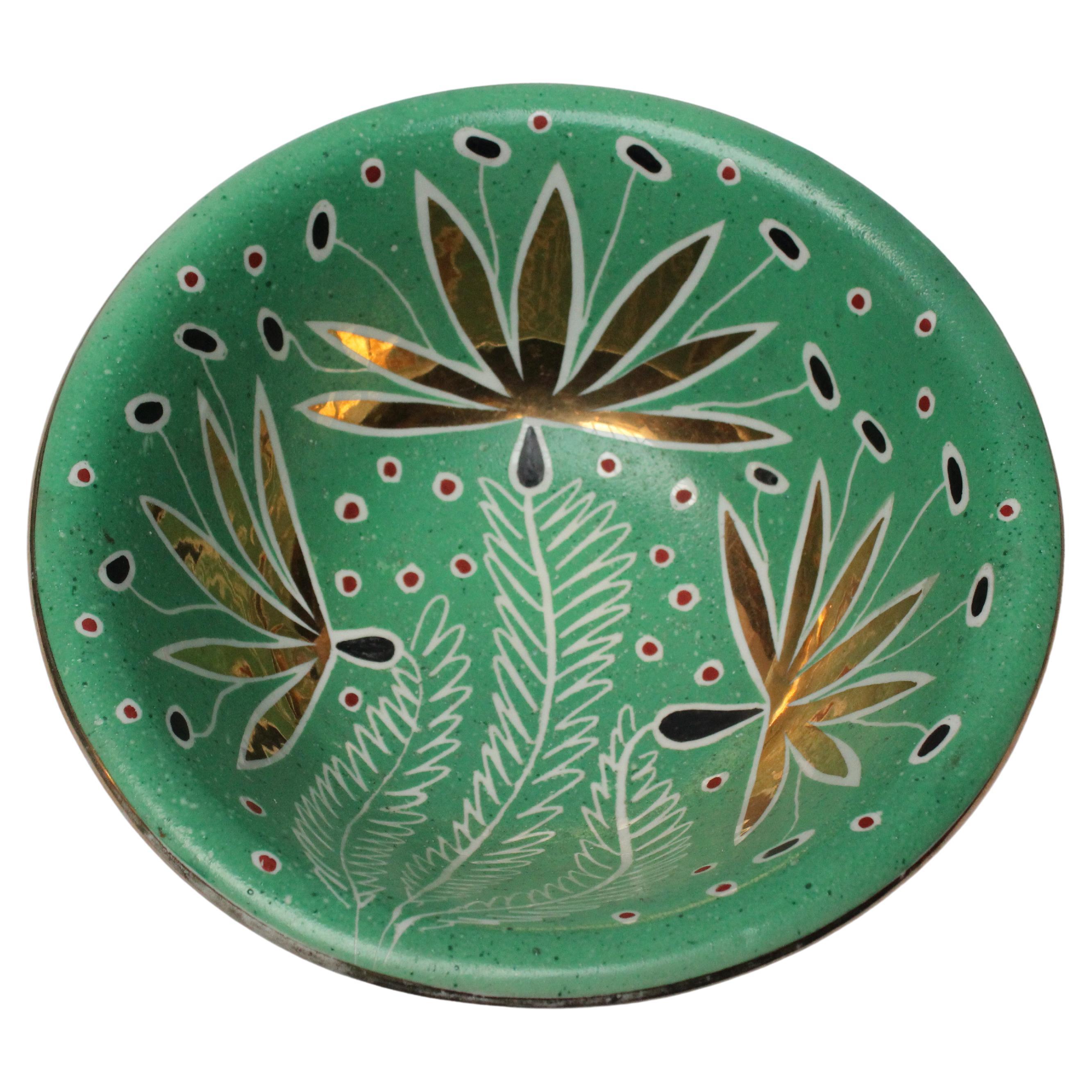 Art Deco Mint Green and Gold Leaf Ceramic Bowl by Waylande Gregory For Sale