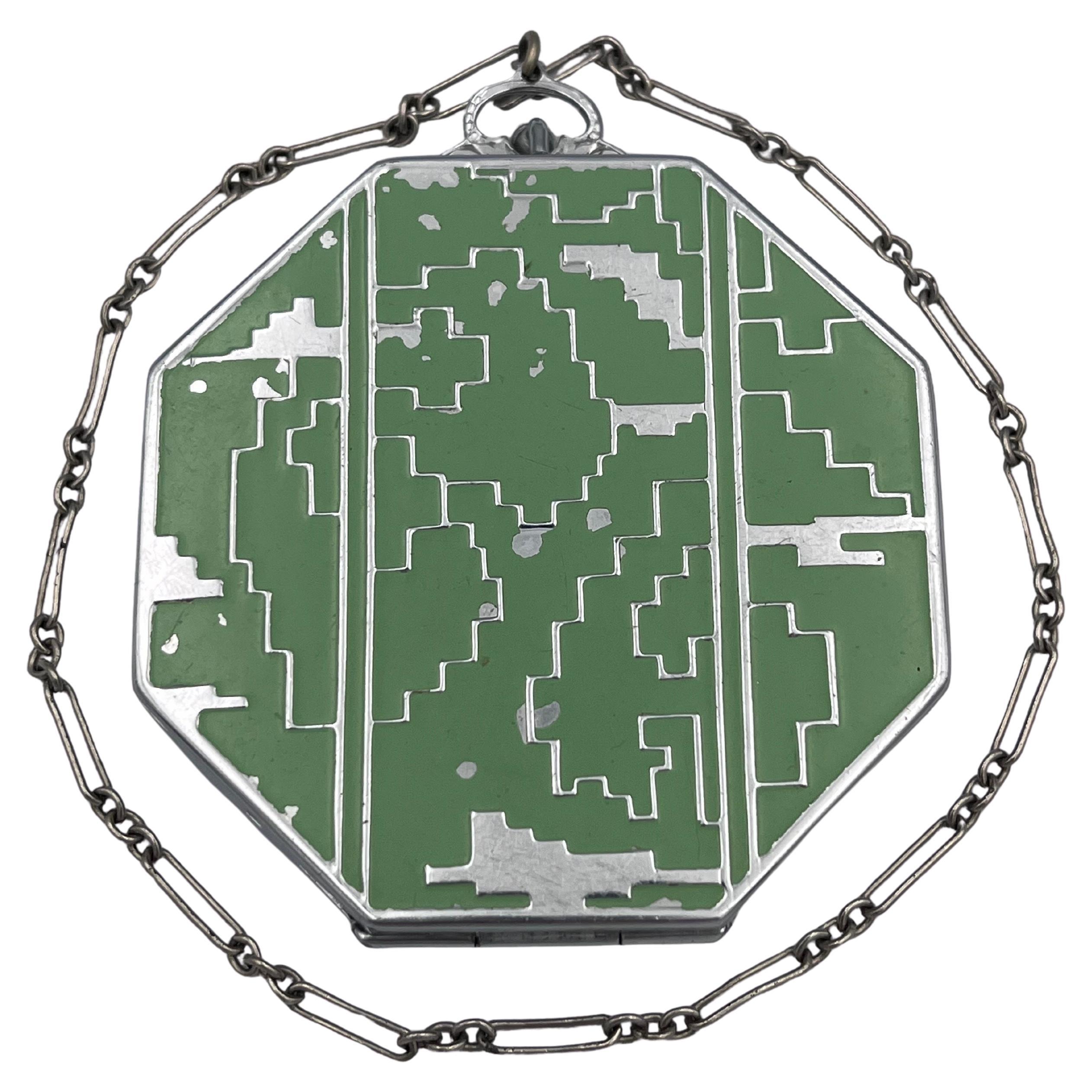 Art Deco Mirror compatto da donna Elgin verde menta cromato con catena in vendita
