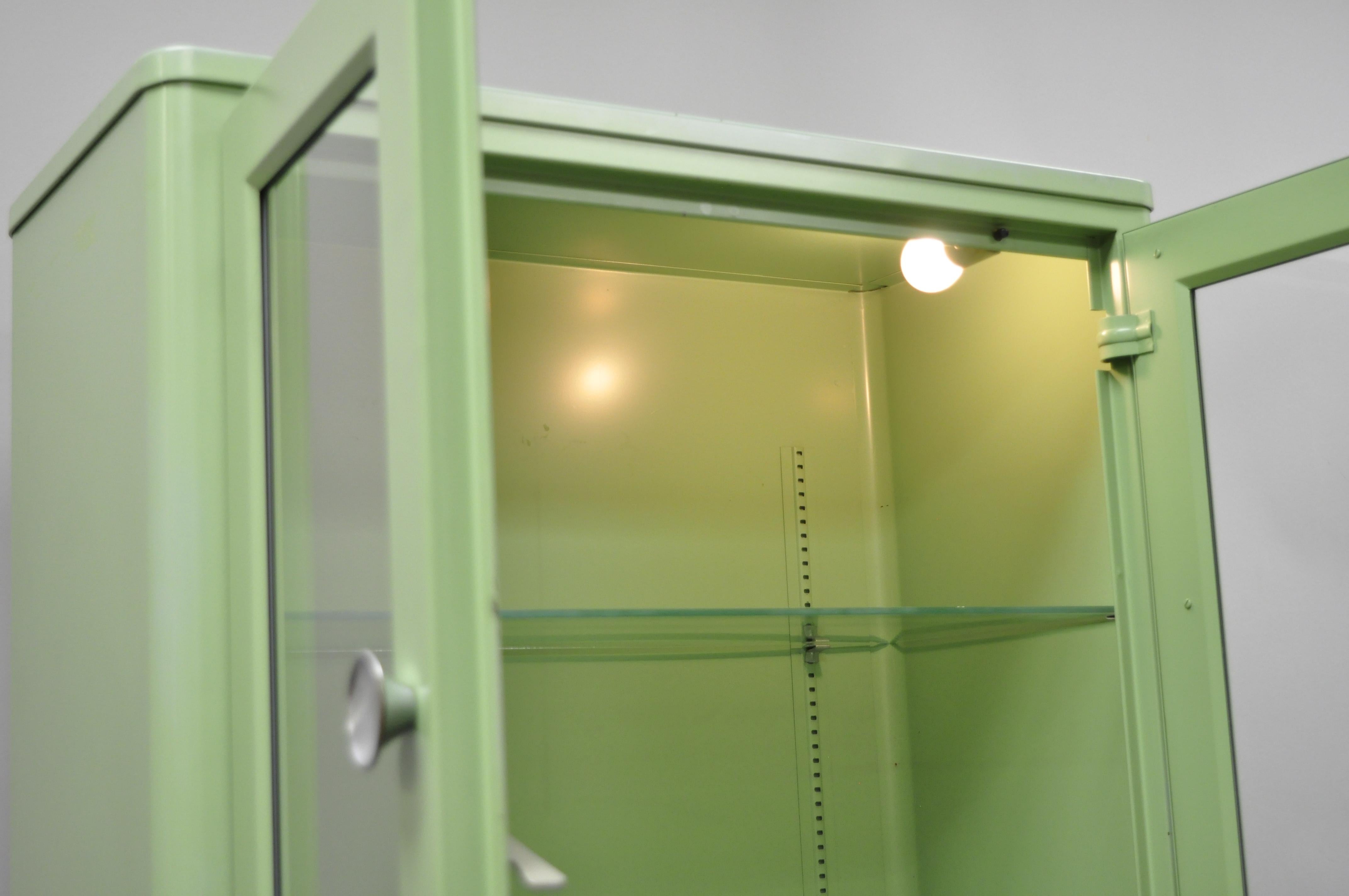 American Art Deco Mint Green Steel Metal Dental Cabinet Display by United Metal