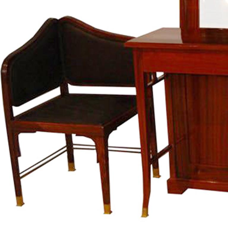 Art Deco set of a mirror, console and two chairs, manufactured by J. & J. Kohn.
Mirror: 37 W X 76.25 H.
Chair: 20 W X 1 H X 20 D.