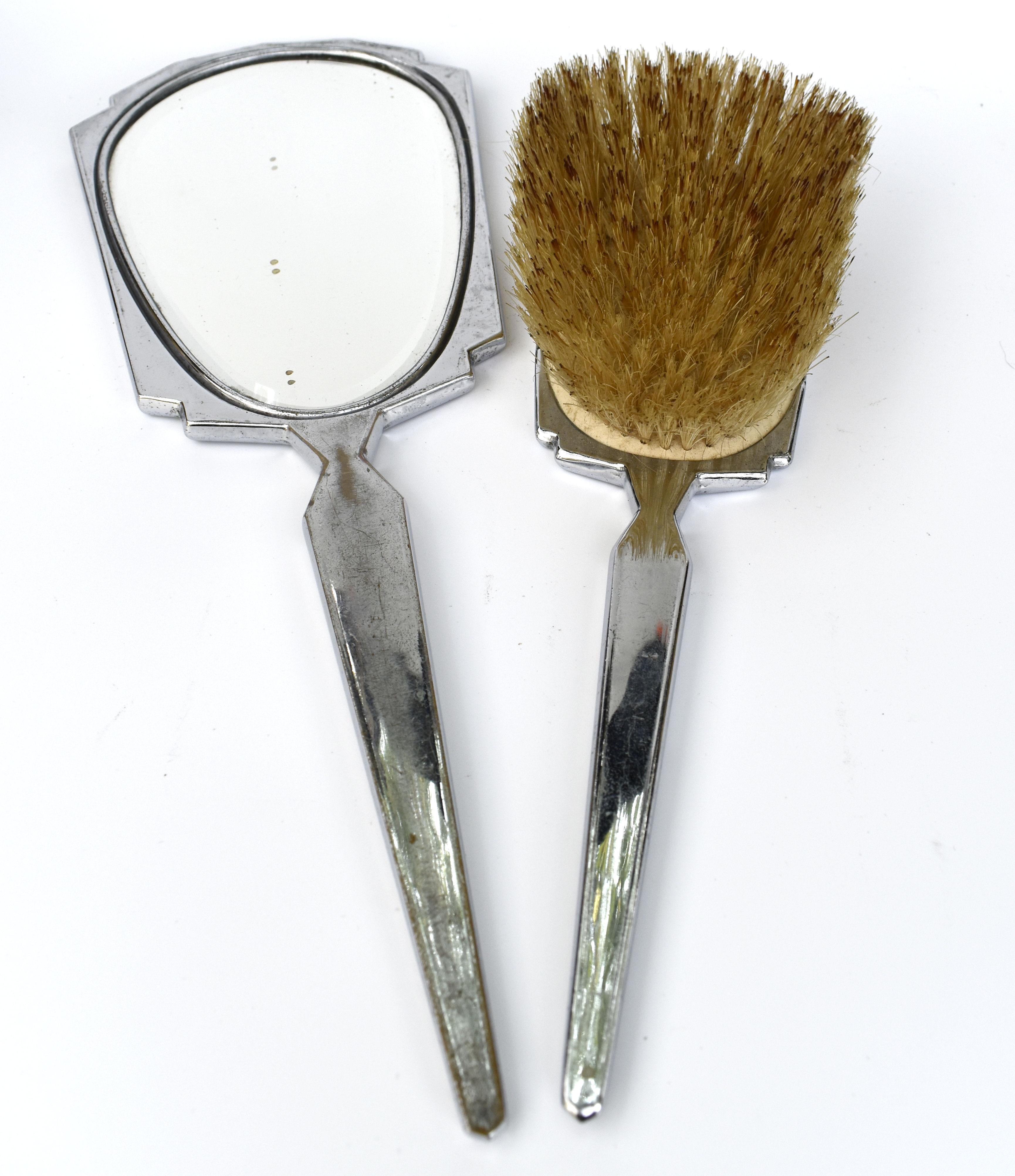 Enameled Art Deco Mirror And Hair Brush Set, Geometric Enamel Design, English, c1930 For Sale