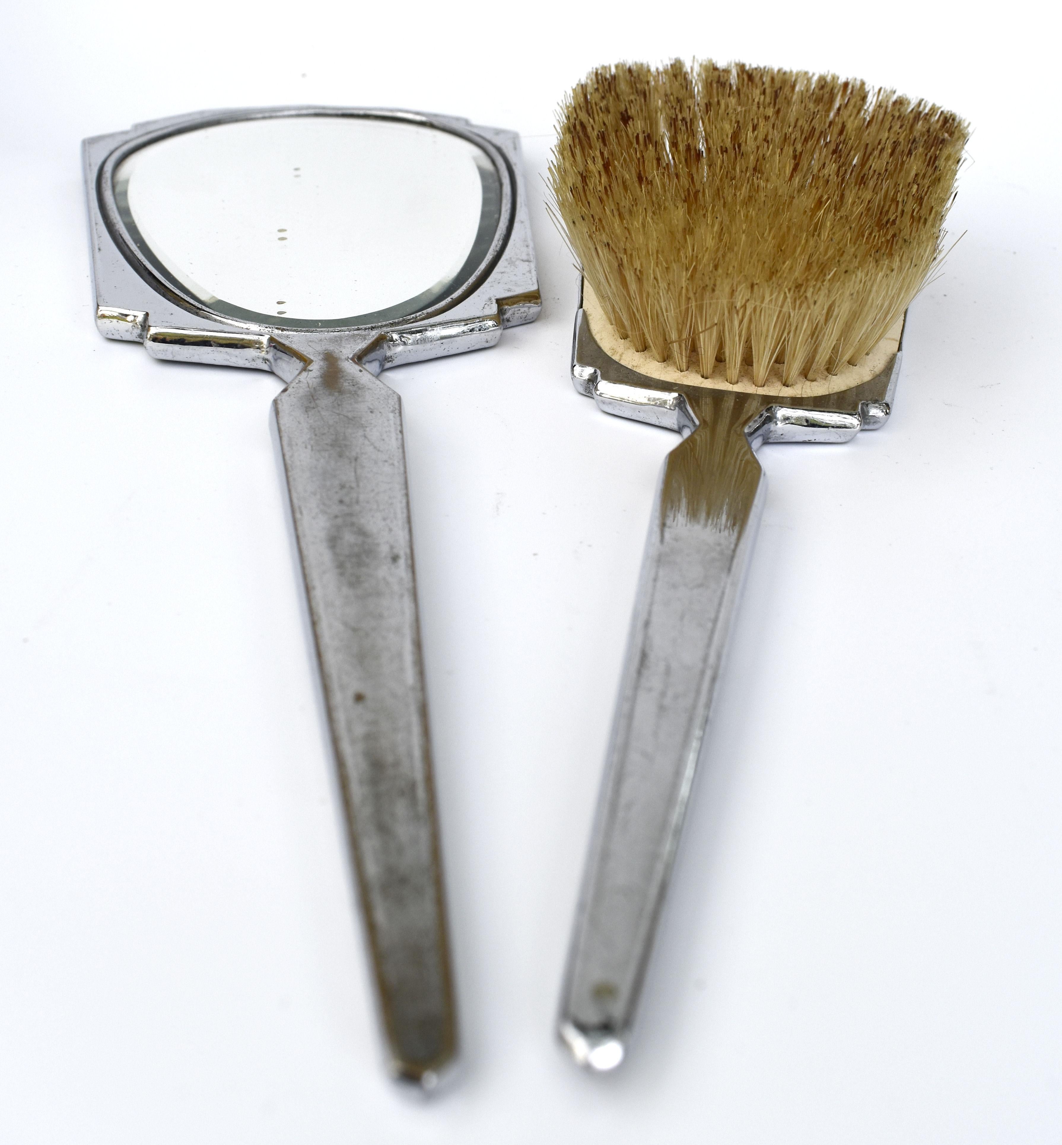 Art Deco Mirror And Hair Brush Set, Geometric Enamel Design, English, c1930 In Good Condition For Sale In Devon, England