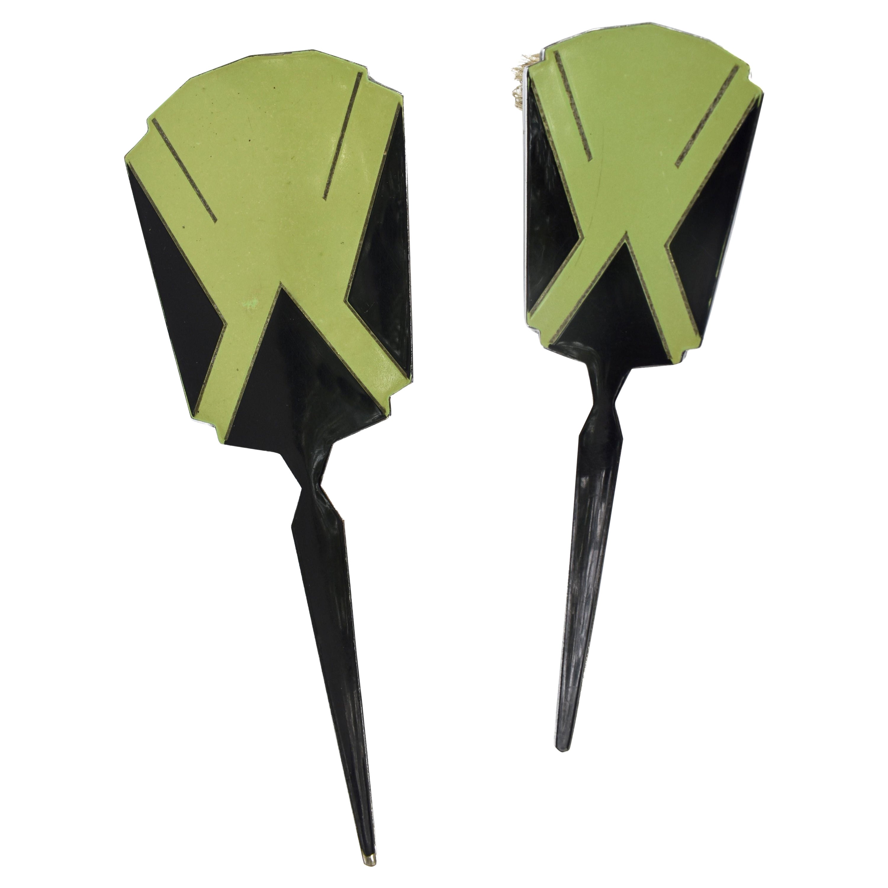 Set di spazzole per capelli e specchio Art Deco, design geometrico a smalto, inglese, 1930 ca. in vendita