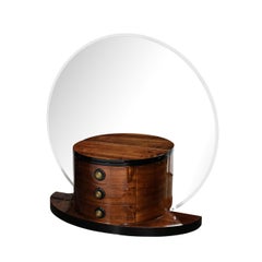 Art Deco Mirror Bookmatched & Burled Walnut Vanity Table w/ Amber Bakelite Pulls