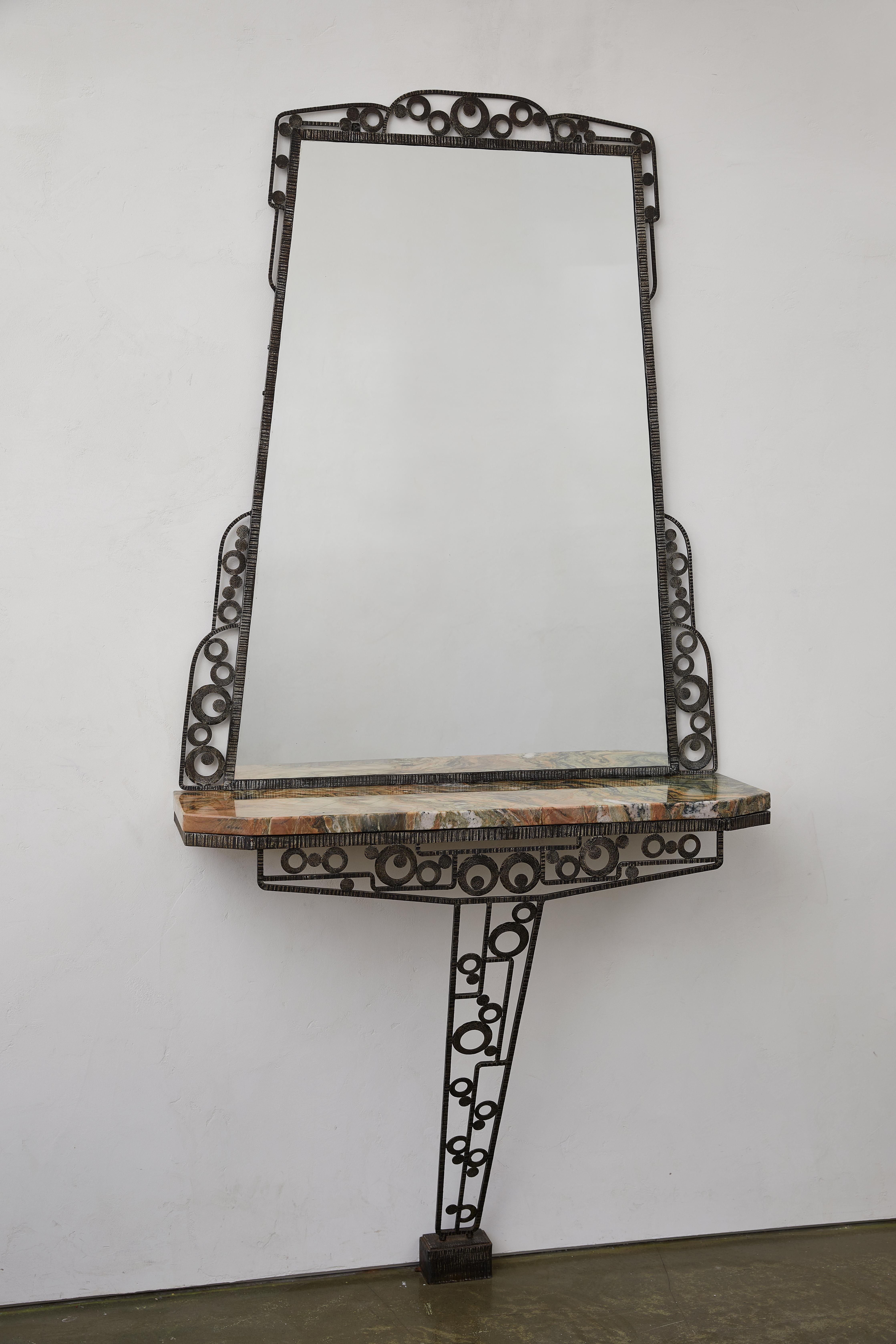 Hammered Art Deco Mirror console in the manner by Edgar Brandt For Sale