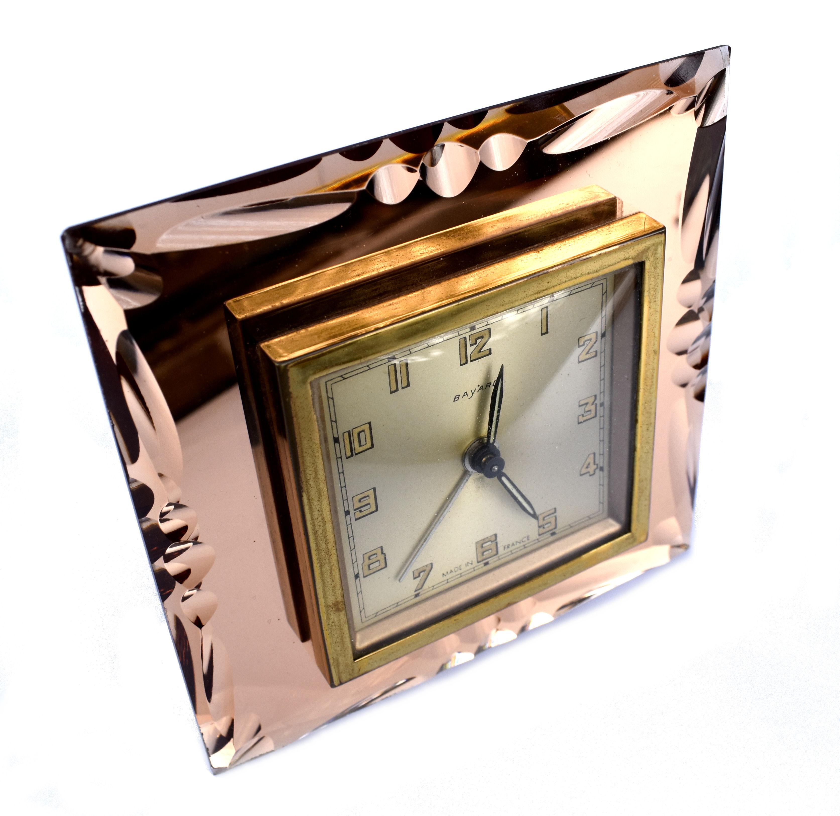 If you love glam as we do then this is the piece for you. For your consideration 1930's Art Deco French mirror clock made by Bayard the French clock makers. The front is complete peach coloured mirror with bevelled edges and etched design. It's free