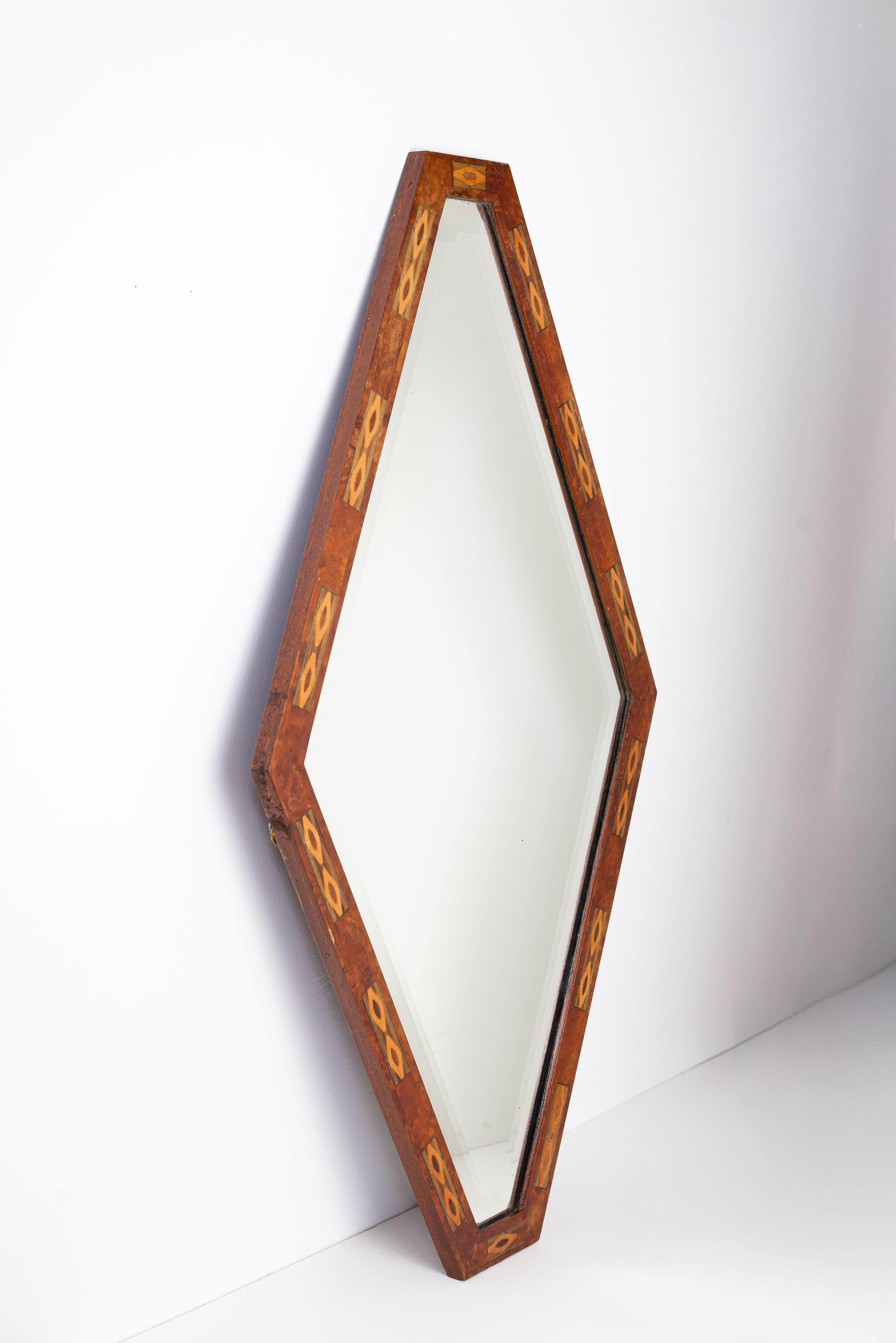 Art Deco Mirror in Burl Wood and Veneer Marquetry - Diamond Shape Años 30 Francia en venta 2
