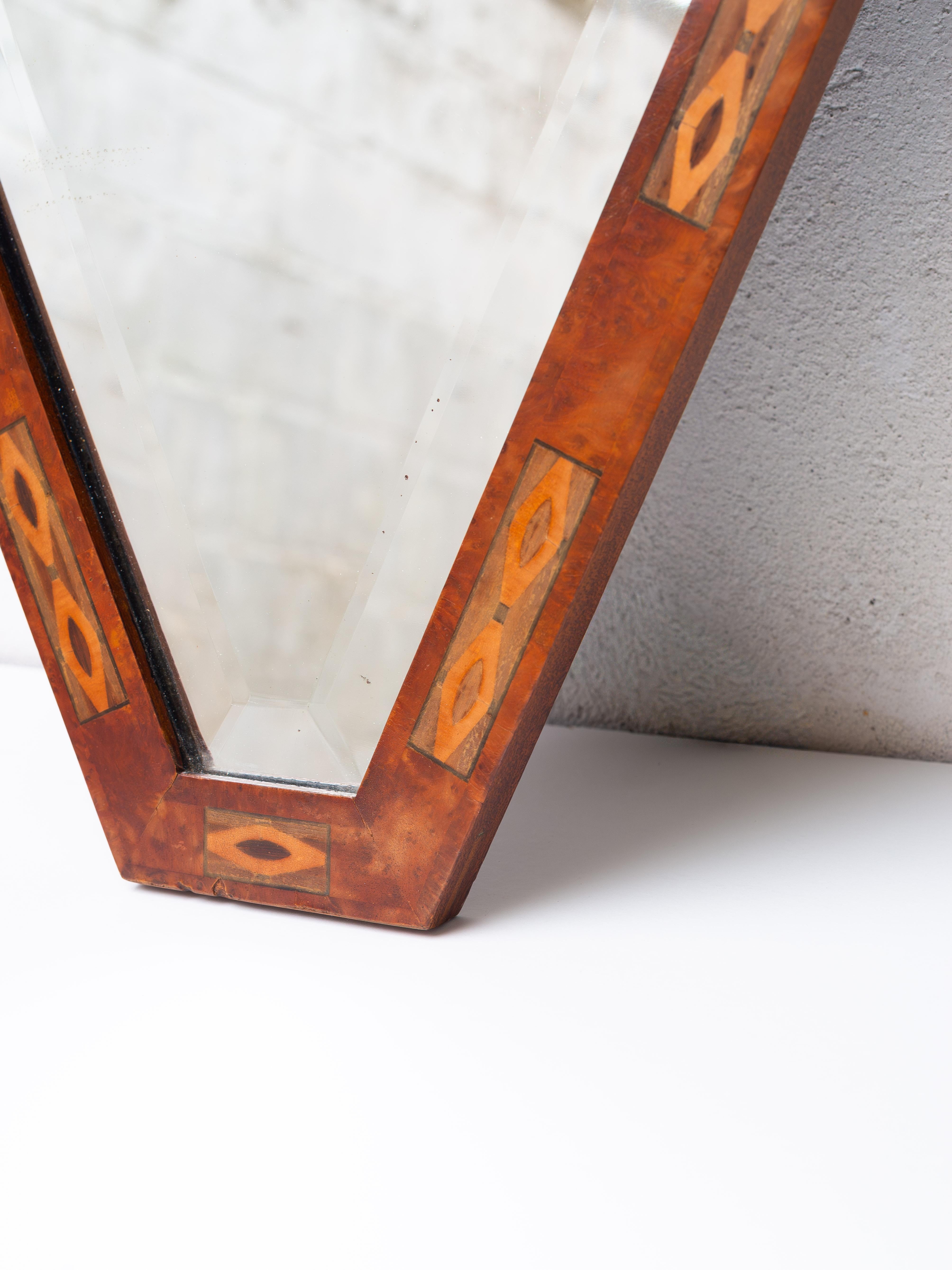 Art Deco Mirror in Burl Wood and Veneer Marquetry - Diamond Shape Años 30 Francia Francés en venta