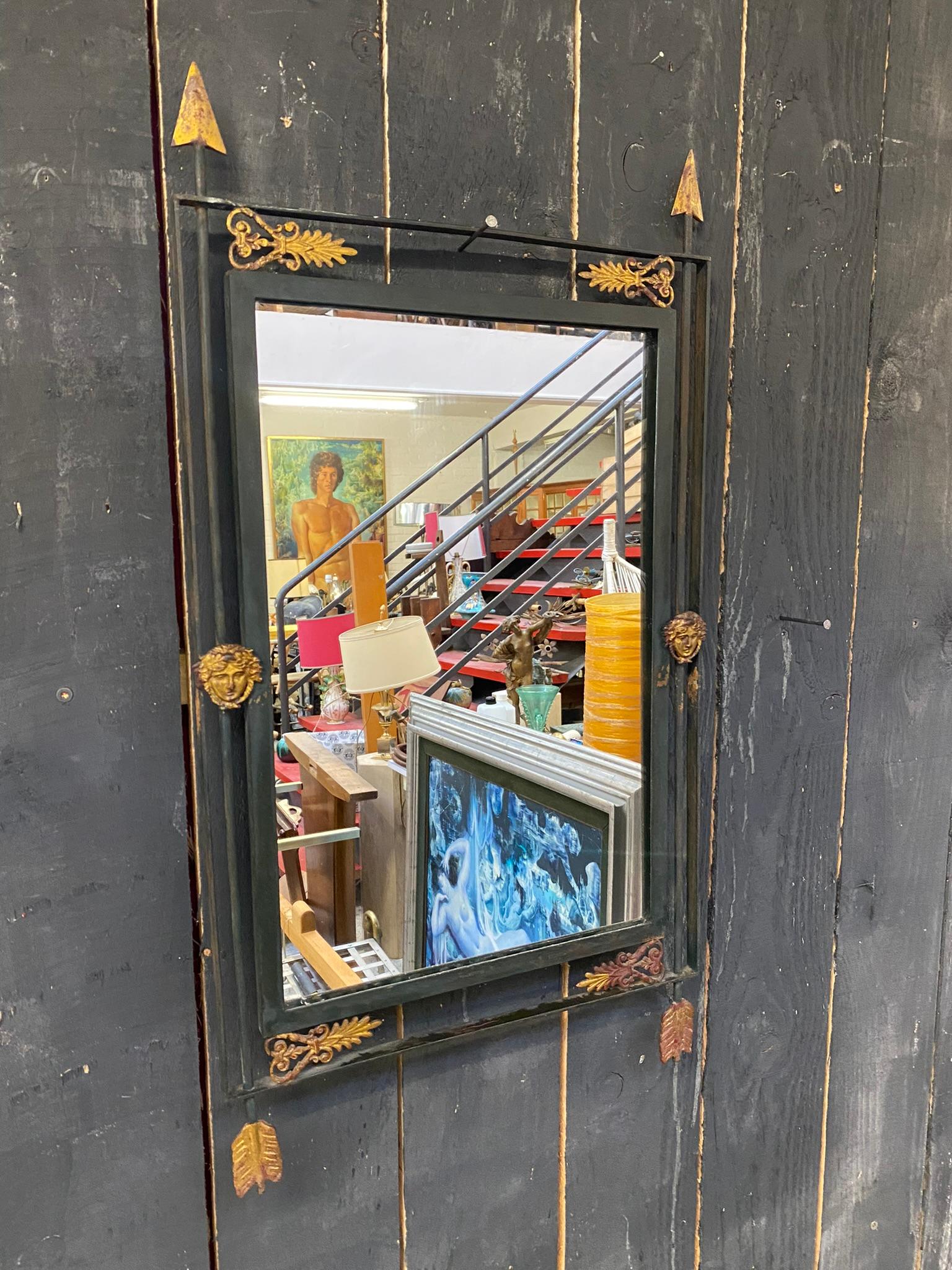 Art Deco Mirror in Lacquered and Gilt Wrought Iron, circa 1940 1