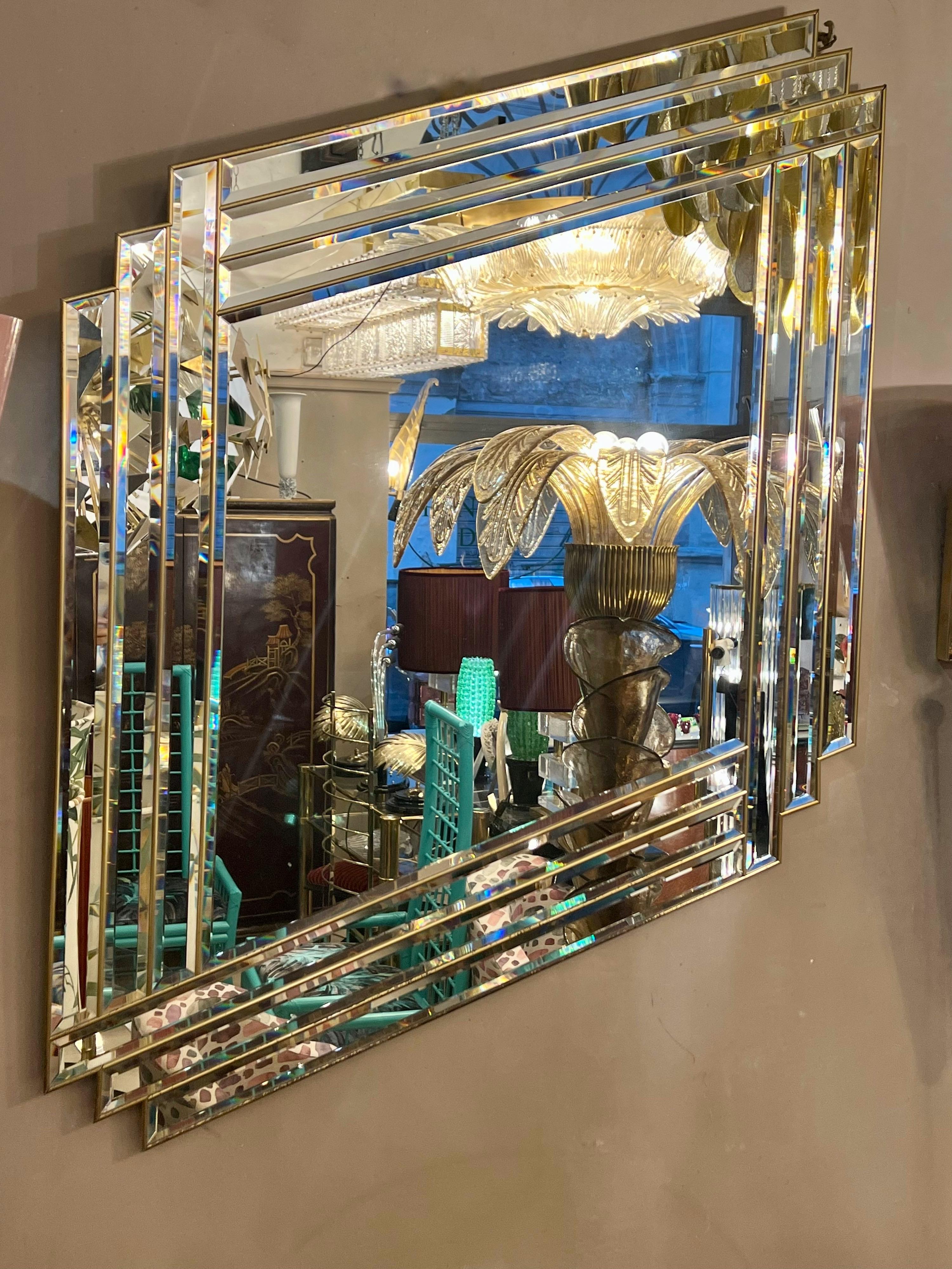 Art Deco Mirror in the Shape of a Rhombus with Brass Inlays, 1940s 5