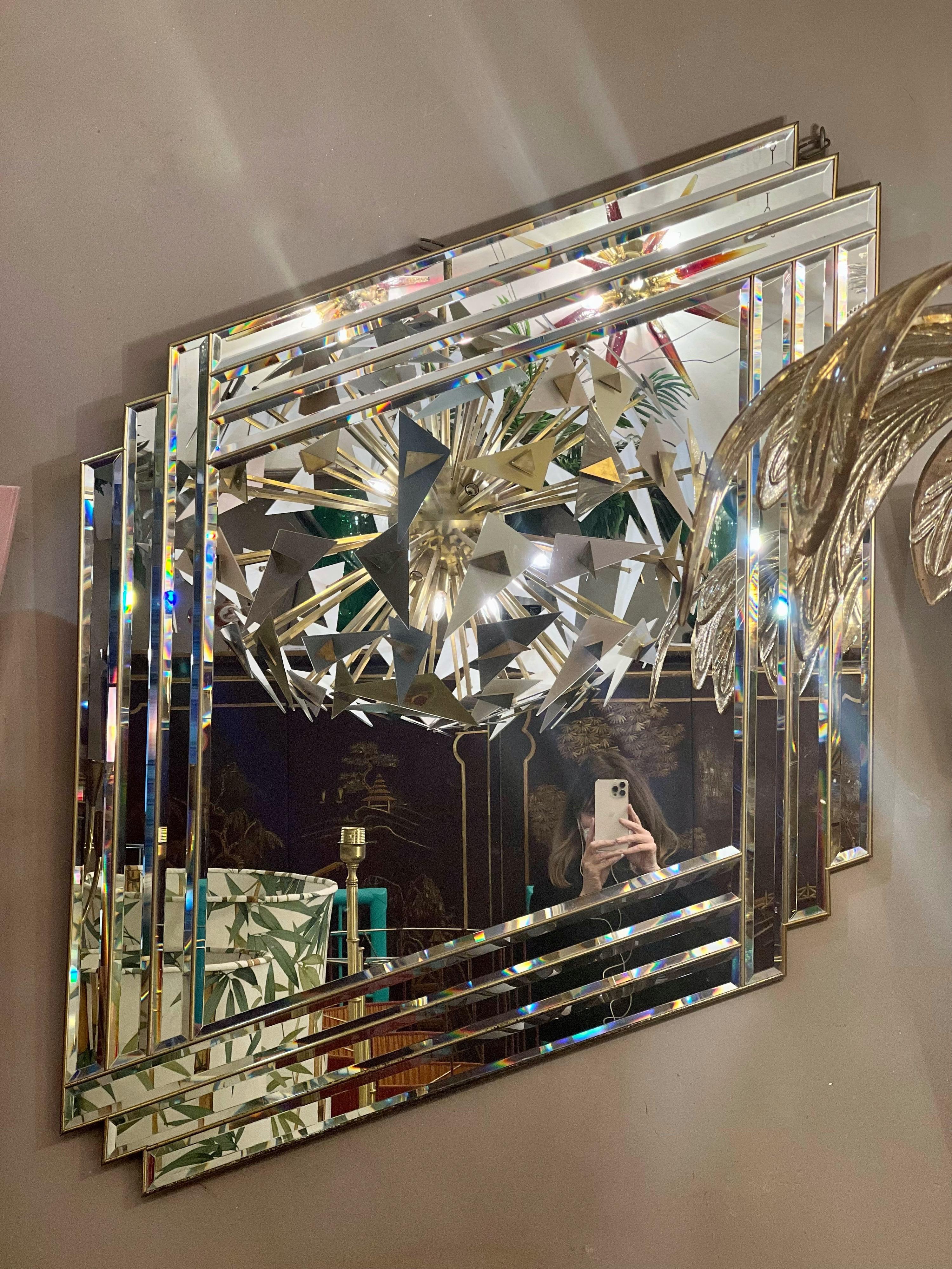 Art Deco Mirror in the Shape of a Rhombus with Brass Inlays, 1940s 6