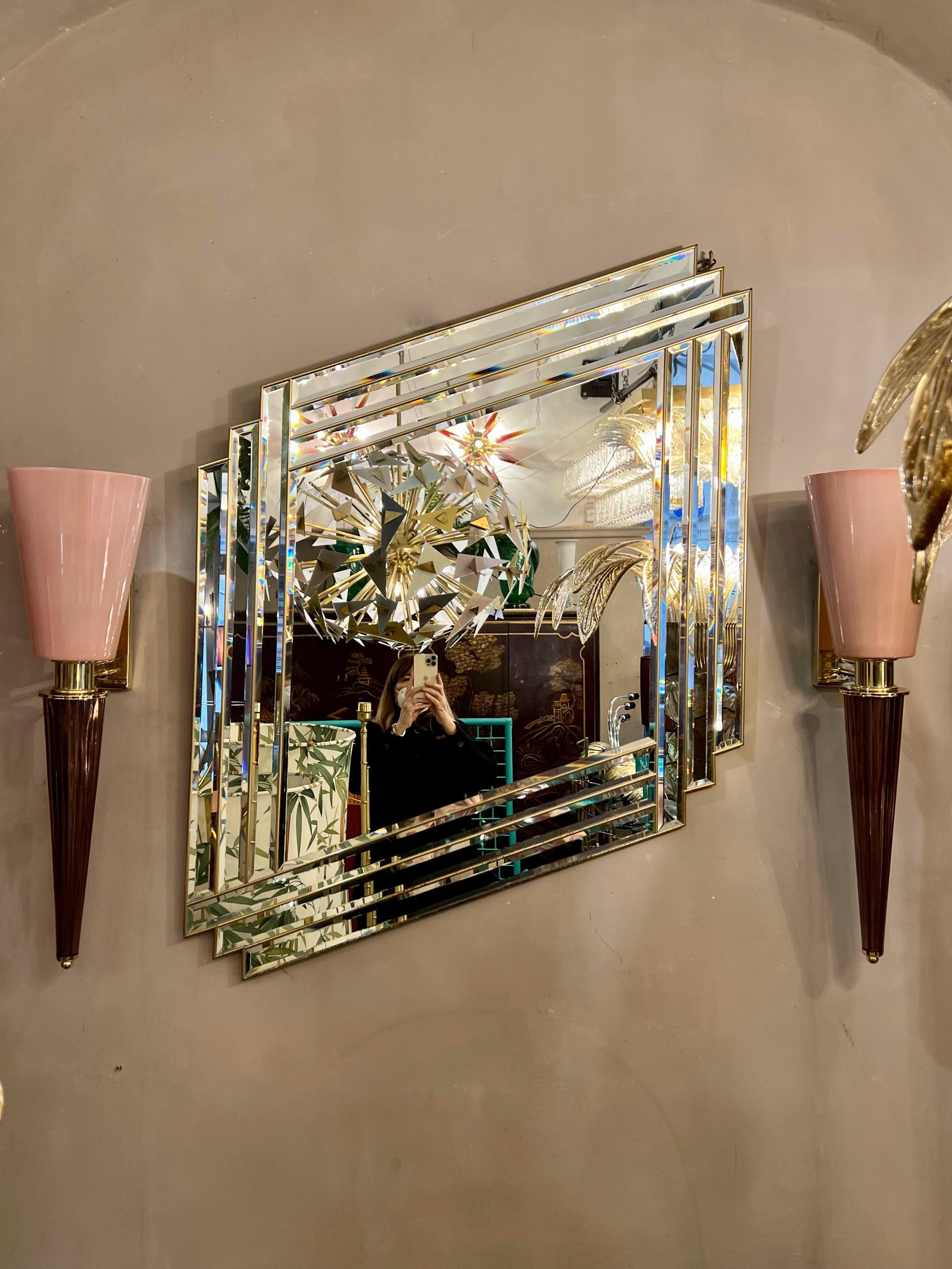 Italian Art Deco Mirror in the Shape of a Rhombus with Brass Inlays, 1940s