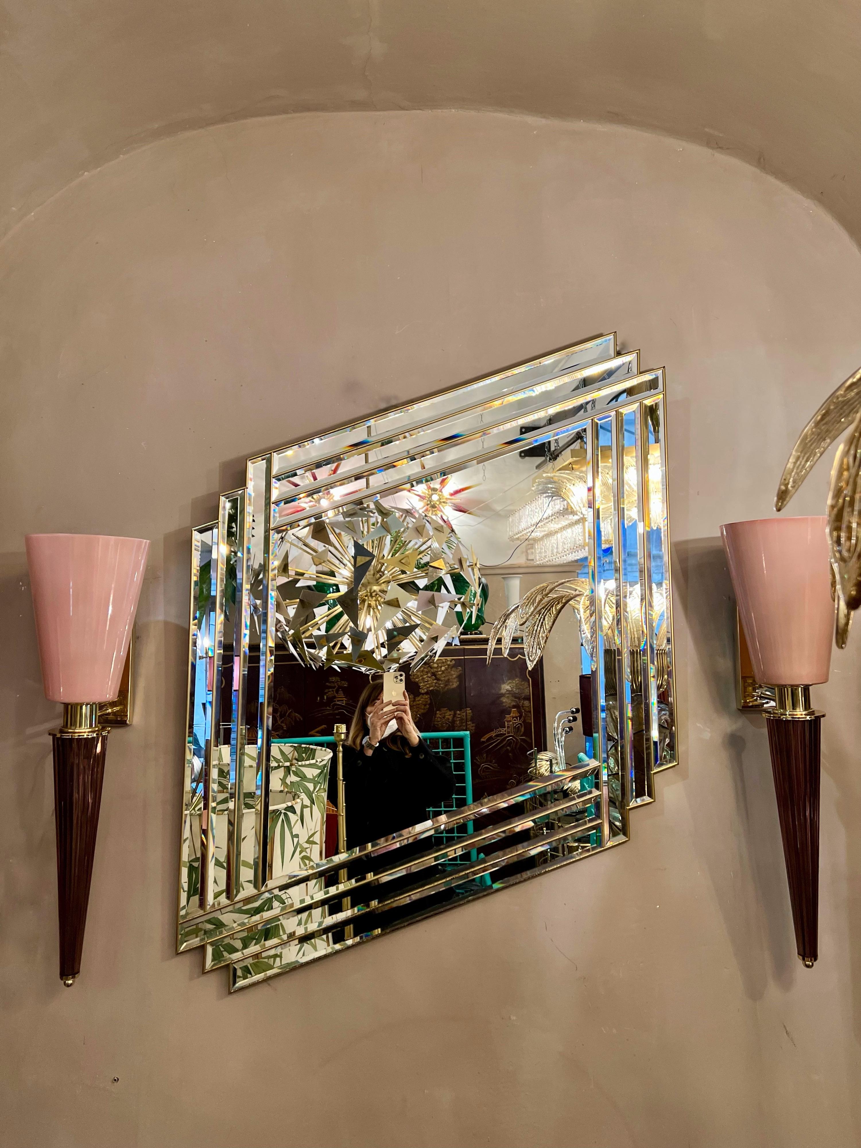Art Deco Mirror in the Shape of a Rhombus with Brass Inlays, 1940s In Good Condition In Florence, IT